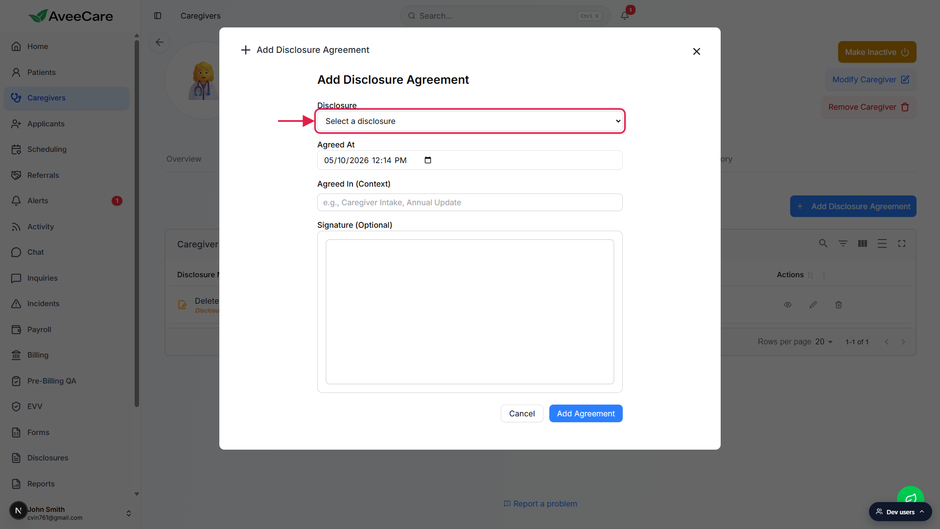 Add Disclosure Agreement modal with the Disclosure dropdown called out with a red box, plus Agreed At datetime, Agreed In context field, and signature pad