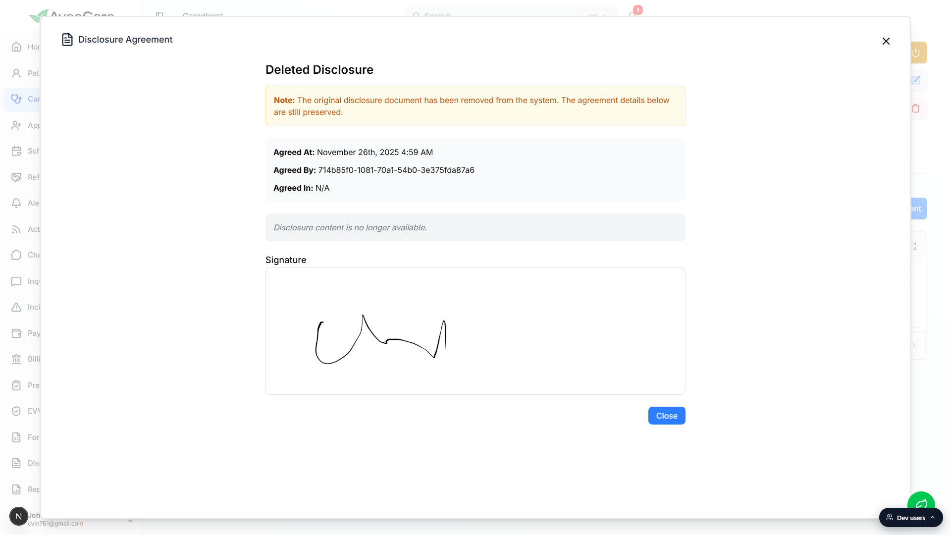 Disclosure Agreement view modal for a Deleted Disclosure showing Agreed At, Agreed By raw Cognito ID, Agreed In metadata and the rendered signature
