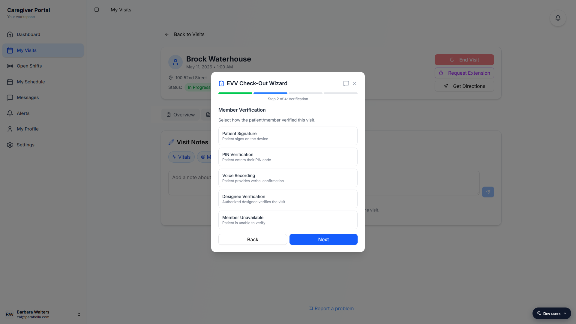Member Verification step listing all five methods: Patient Signature, PIN Verification, Voice Recording, Designee Verification, and Member Unavailable