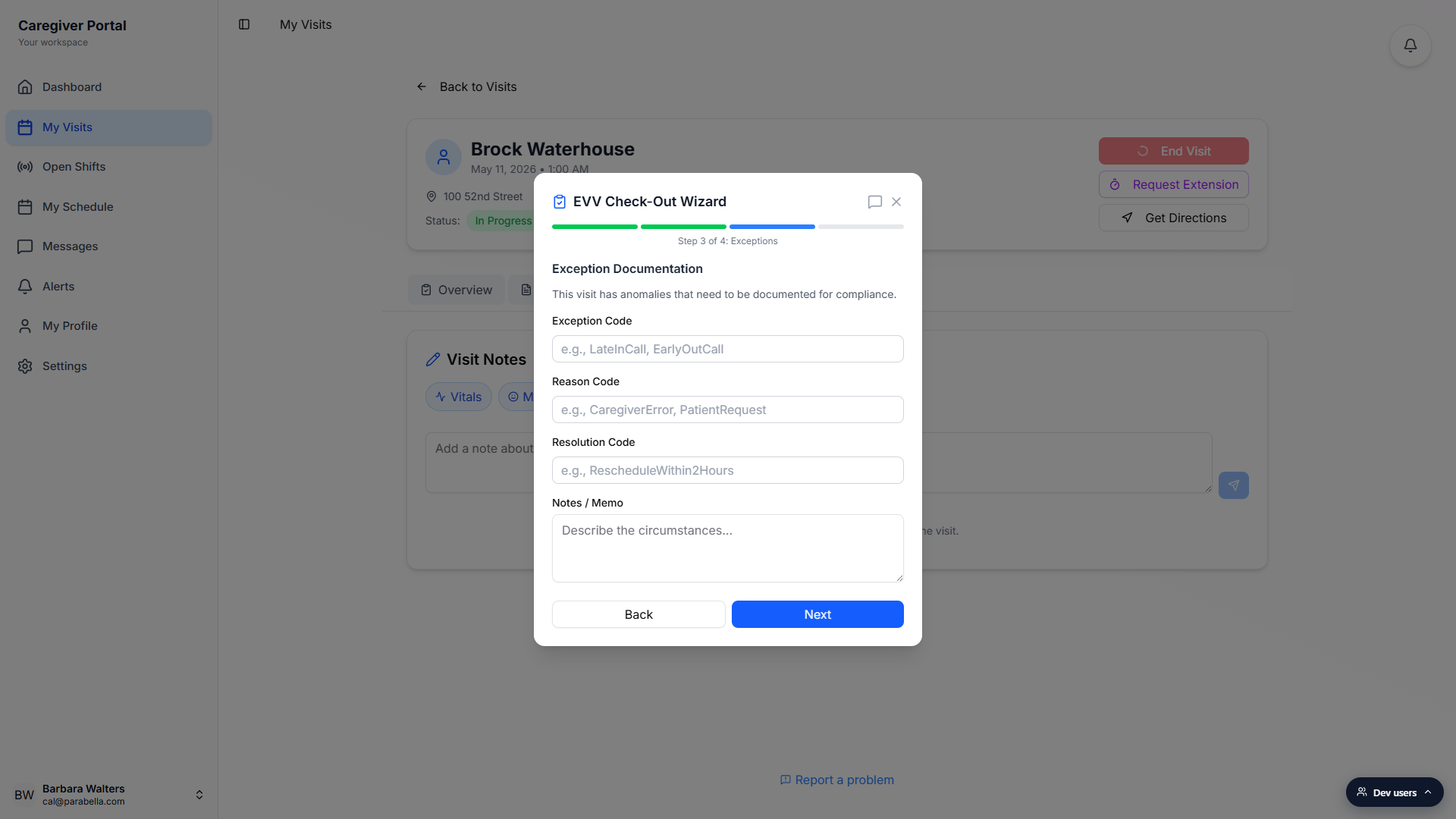 Exception Documentation step with four fields: Exception Code, Reason Code, Resolution Code, and Notes / Memo, with example placeholders like LateInCall and CaregiverError