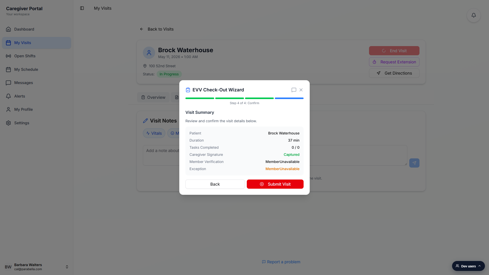 Visit Summary step listing Patient, Duration, Tasks Completed, Caregiver Signature Captured, Member Verification MemberUnavailable, Exception MemberUnavailable, with a red Submit Visit button