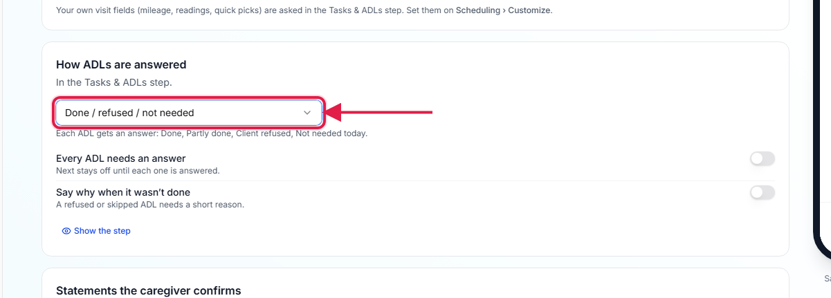 ADL answer format set to Done / refused / not needed, called out with a red box
