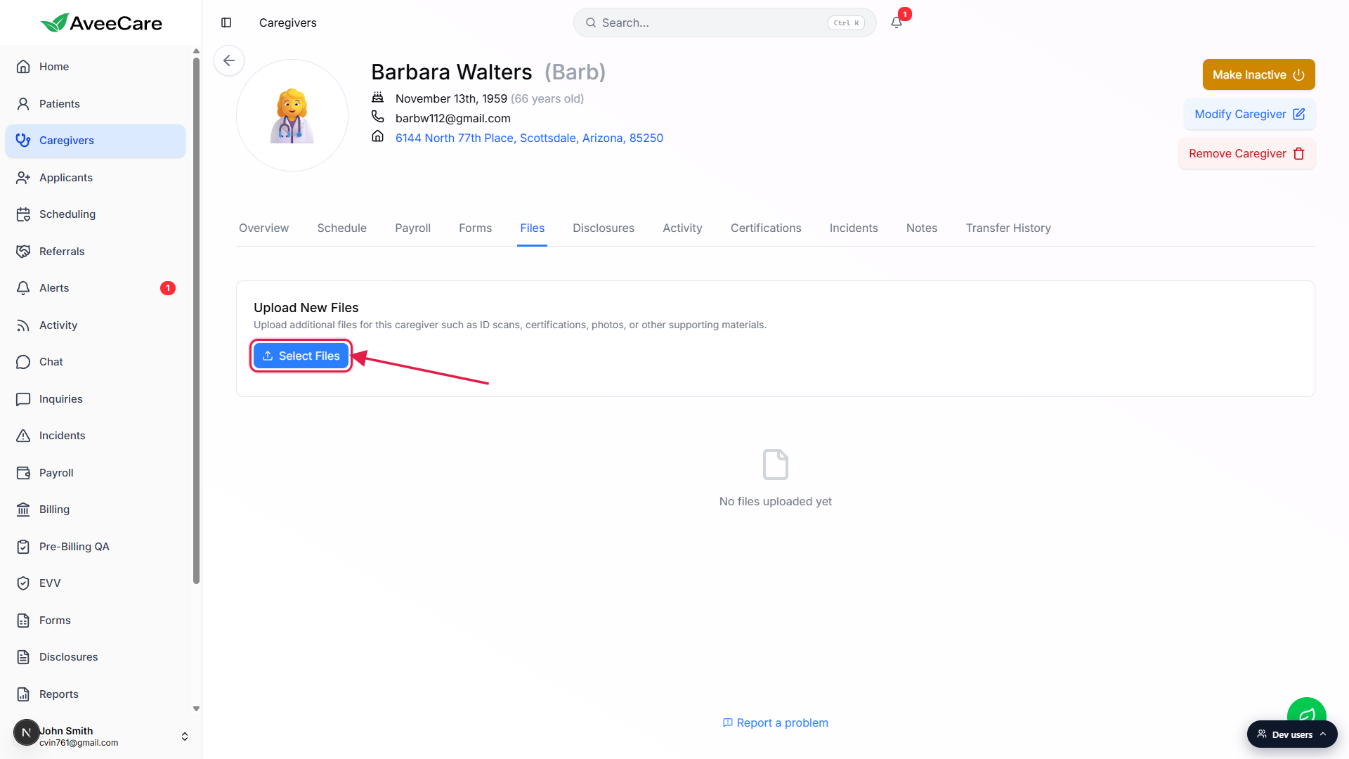 Upload New Files card on the caregiver Files tab with the Select Files button highlighted with a red box and arrow