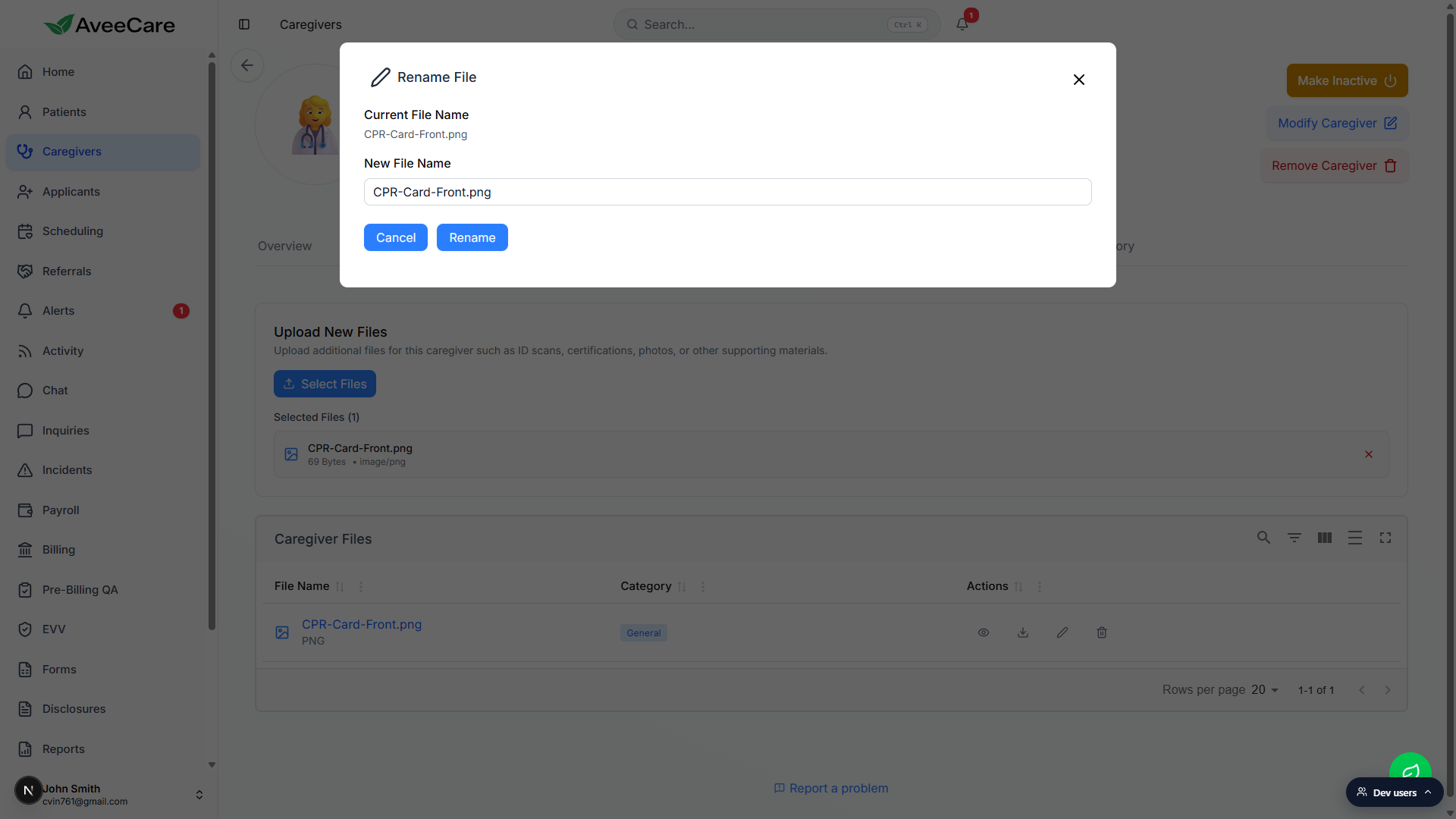 Rename File modal on the caregiver Files tab showing the Current File Name, the New File Name input, and Cancel and Rename buttons