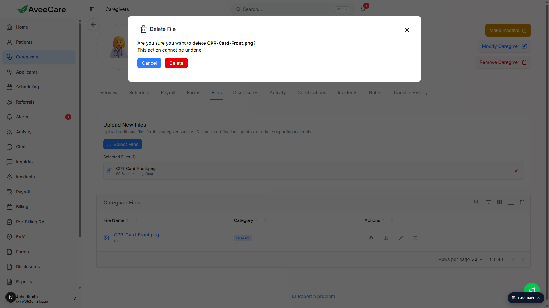 Delete File confirmation modal on the caregiver Files tab with Cancel and Delete buttons and the warning that the action cannot be undone