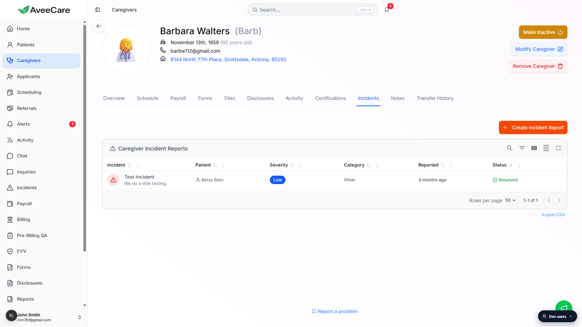 Caregiver Incident Reports table on Barbara Walters showing one Test Incident row with patient Betsy Beto, severity Low, category Other, reported 3 months ago, status Resolved