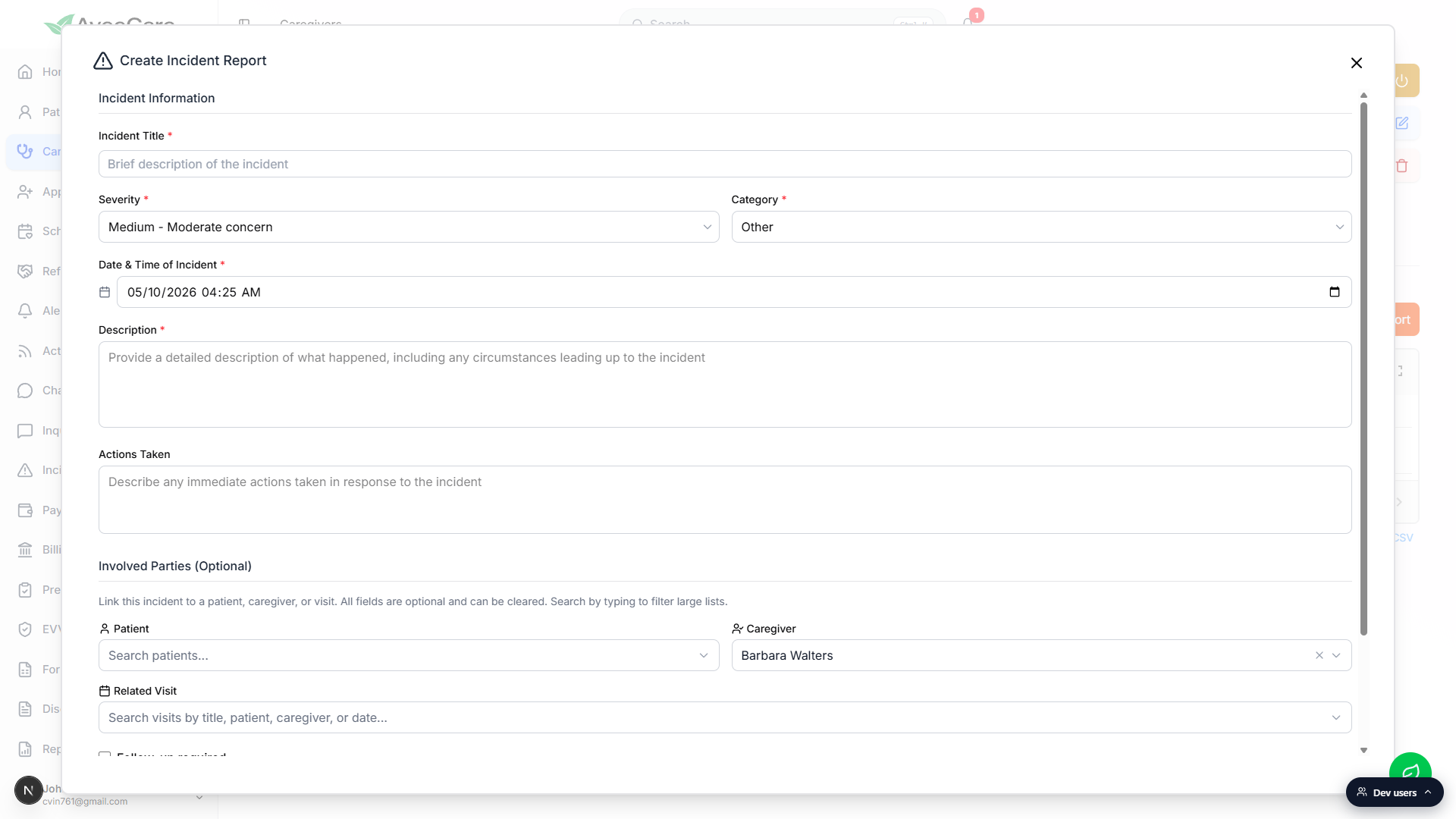 Create Incident Report modal opened from the caregiver Incidents tab with Incident Information fields and an Involved Parties section where the Caregiver field is already filled with Barbara Walters