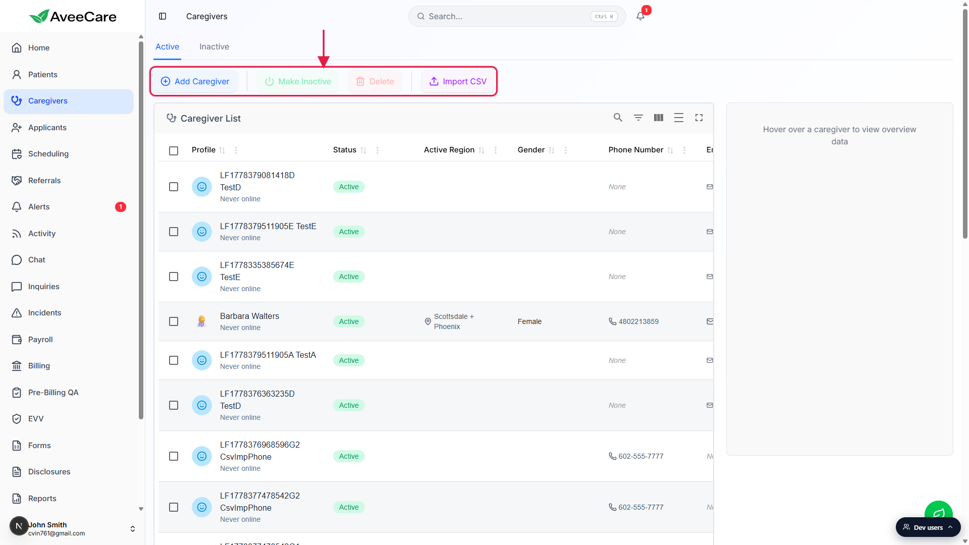 Caregivers page with the action bar at the top of the table