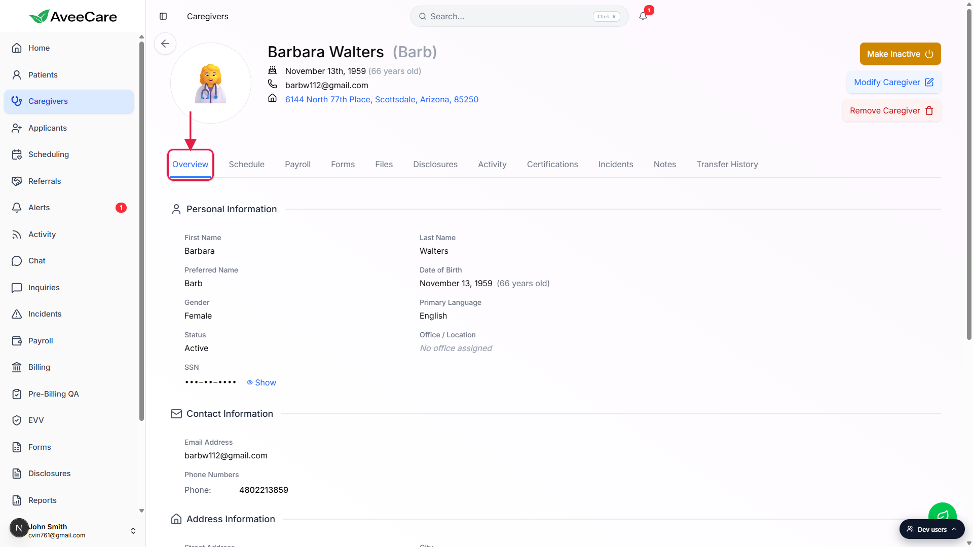 Caregiver Overview page after clicking a row, with the Overview tab called out in red