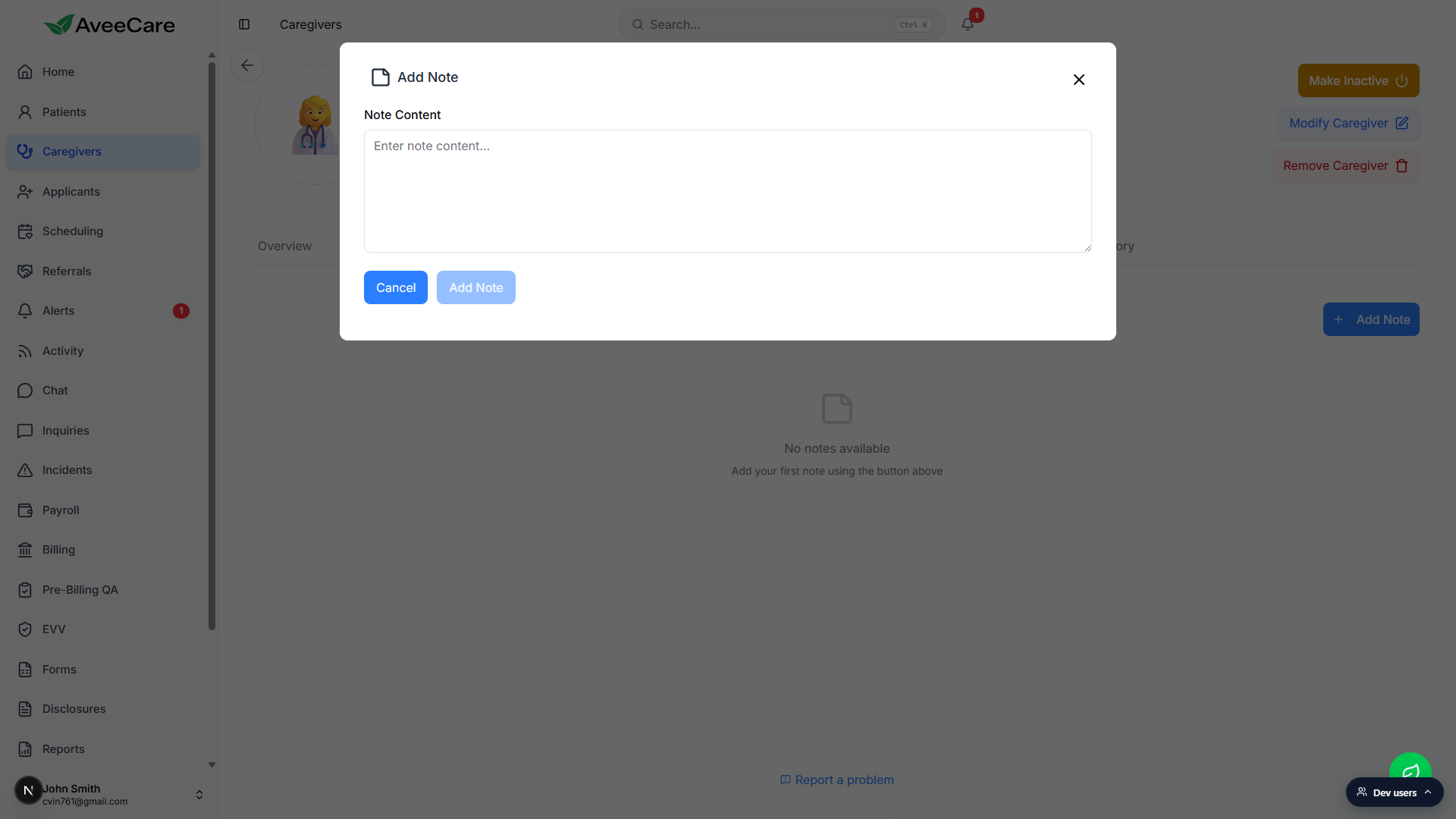 Add Note modal with the Note Content textarea, Enter note content placeholder, and the Cancel and Add Note action buttons