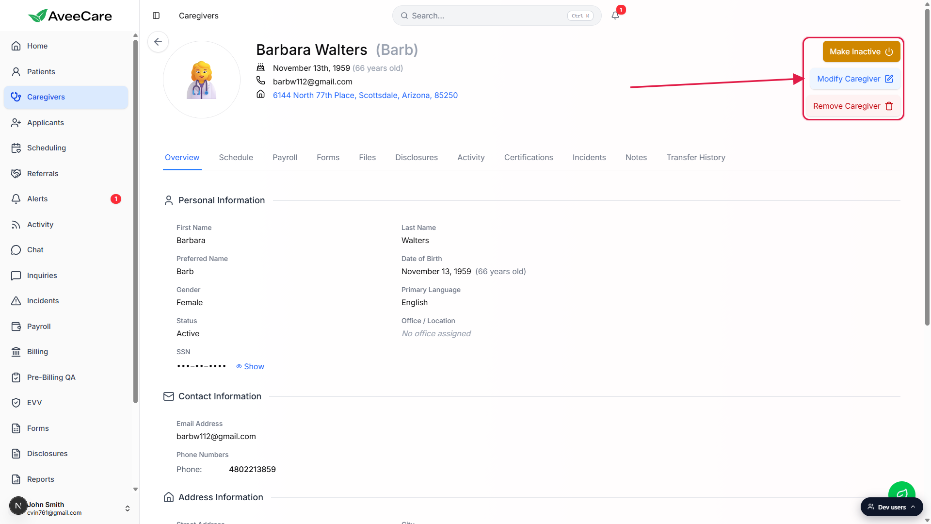 Top-right corner of the caregiver page with Make Inactive, Modify Caregiver, and Remove Caregiver buttons stacked vertically and called out with a red box