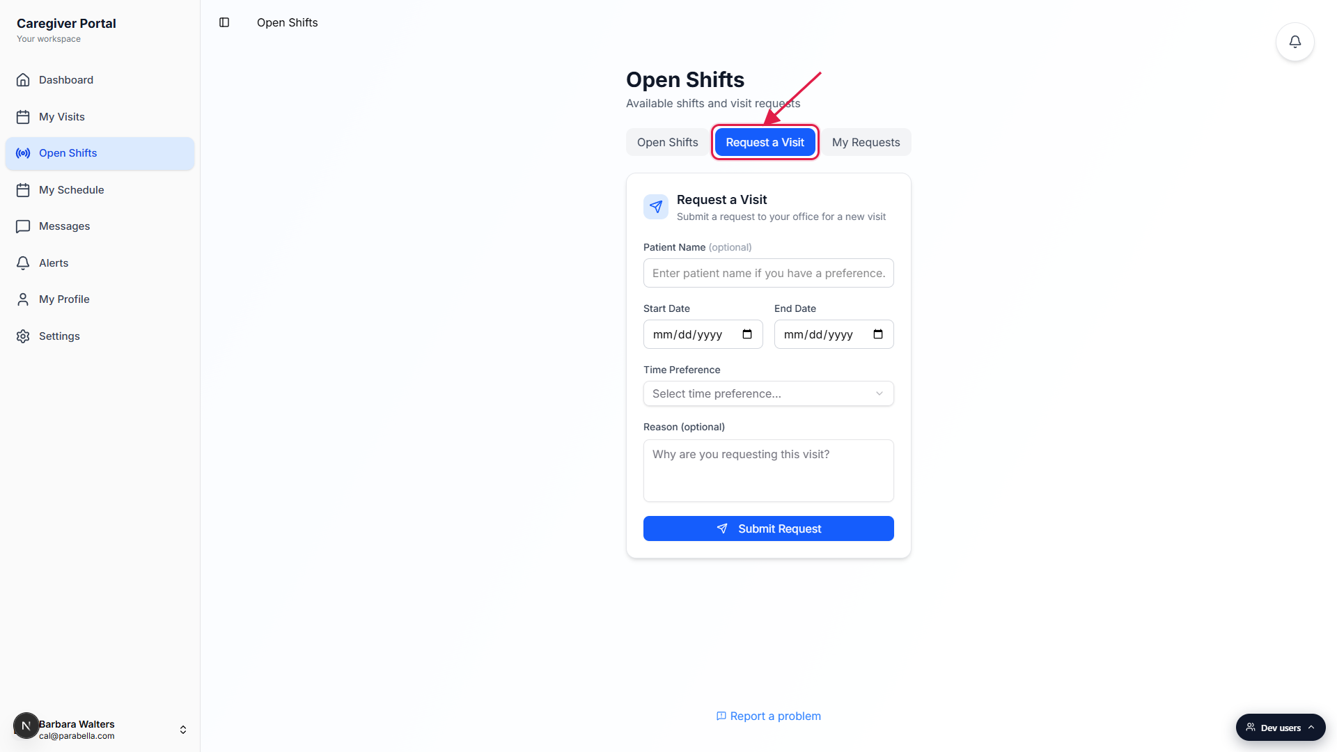 Request a Visit tab on the caregiver Open Shifts page, called out with a red box