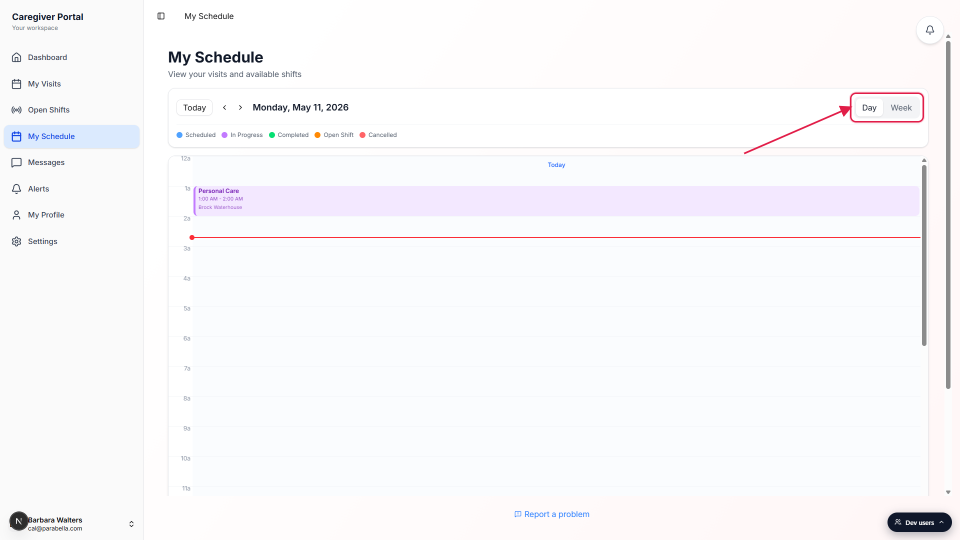 My Schedule on Day view with the Day and Week toggle called out by a red box in the top right of the page header