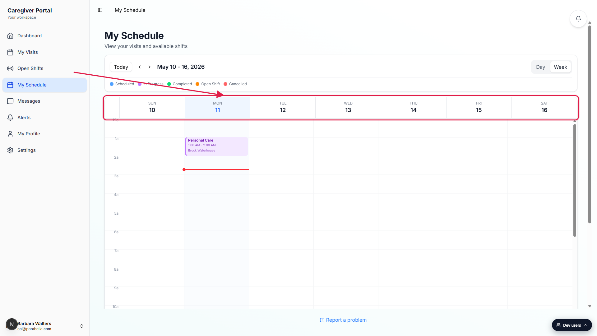My Schedule on Week view with the SUN through SAT day-of-week header row called out by a red box