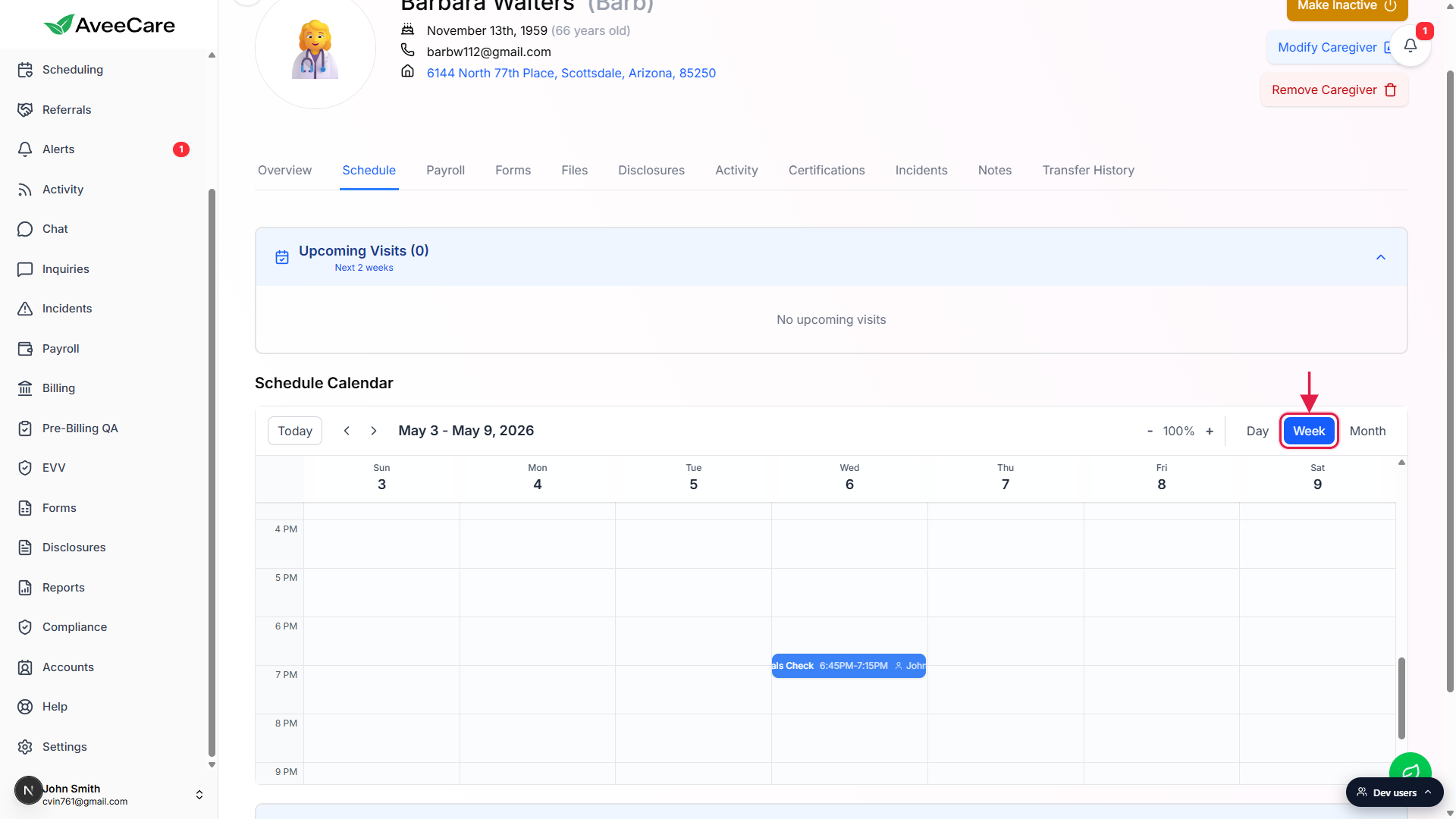 Schedule Calendar header with the active Week toggle highlighted by a red box