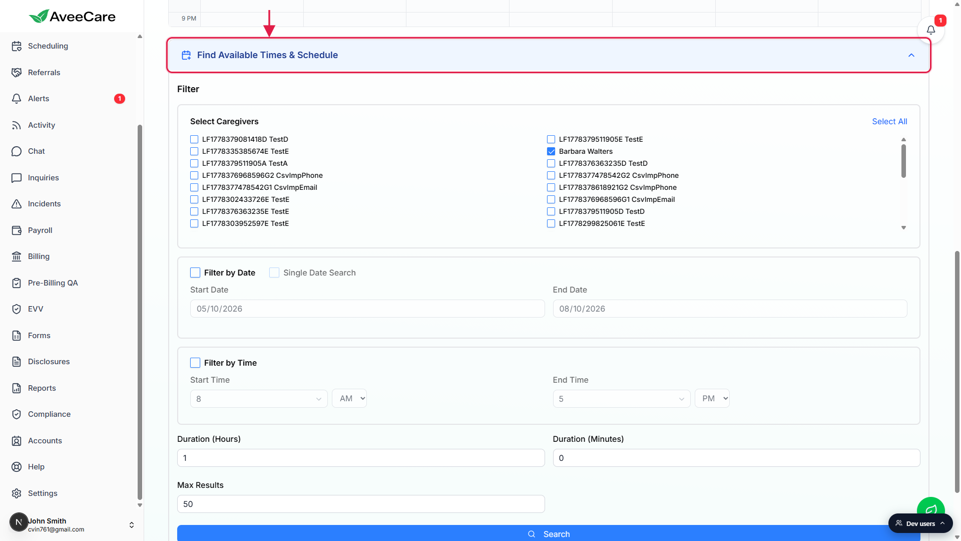 Find Available Times & Schedule panel expanded with the section header highlighted by a red box, showing Filter, Select Caregivers, Filter by Date and Filter by Time controls