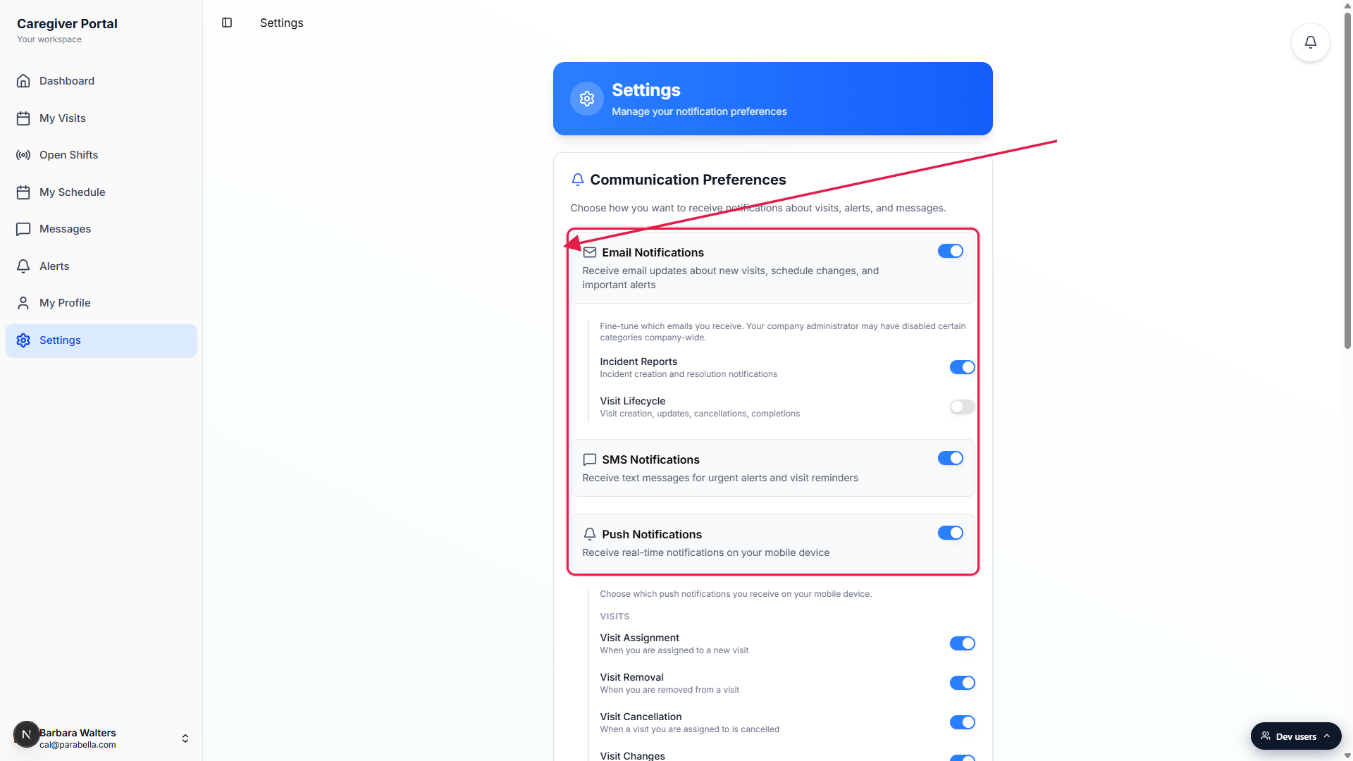Communication Preferences card with Email Notifications, SMS Notifications, and Push Notifications channel rows highlighted in a red box, plus the Email fine-tune sub-list showing Incident Reports and Visit Lifecycle.