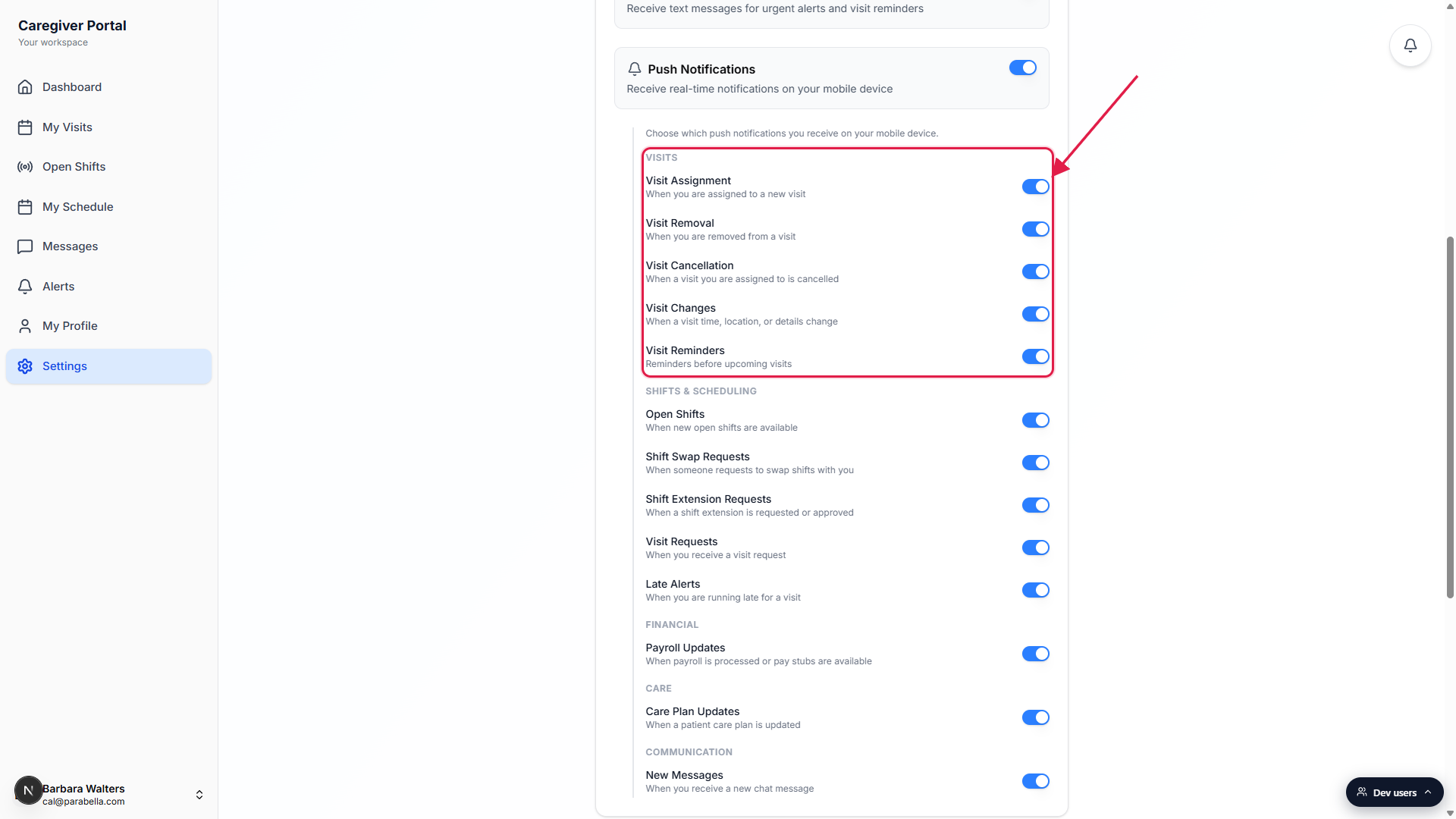 Push Notifications expanded sub-list with the Visits group highlighted in a red box, showing the rows Visit Assignment, Visit Removal, Visit Cancellation, Visit Changes, and Visit Reminders.