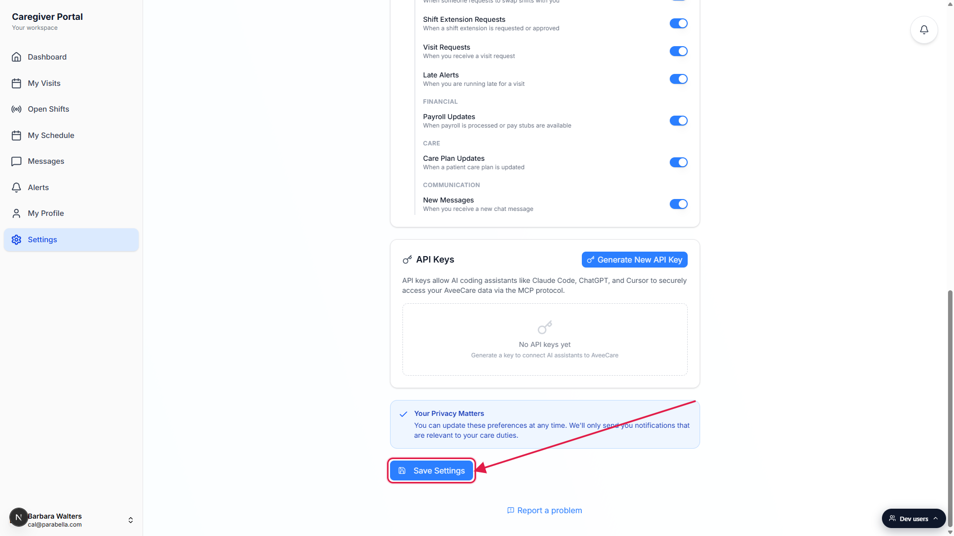 Bottom of the caregiver Settings page with the Save Settings button highlighted in a red box, plus the API Keys card and the Your Privacy Matters note visible above it.