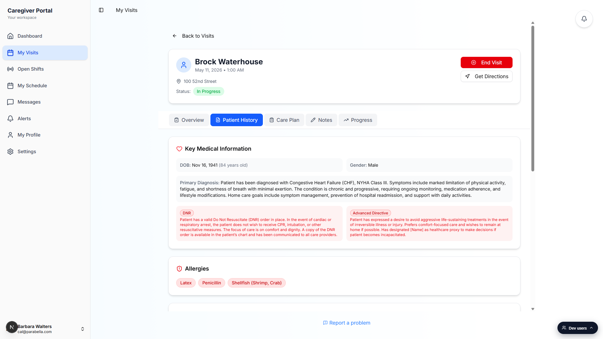 Patient History tab open on the caregiver visit detail page, showing Key Medical Information with DOB, primary diagnosis, DNR and Advanced Directive badges, and the Allergies card below
