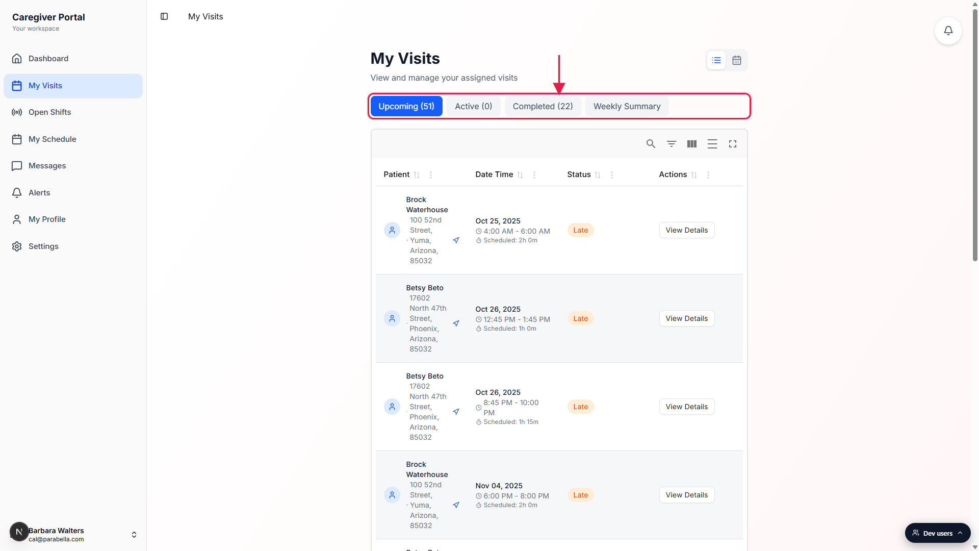 My Visits page with the Upcoming, Active, Completed, and Weekly Summary tab row called out with a red box
