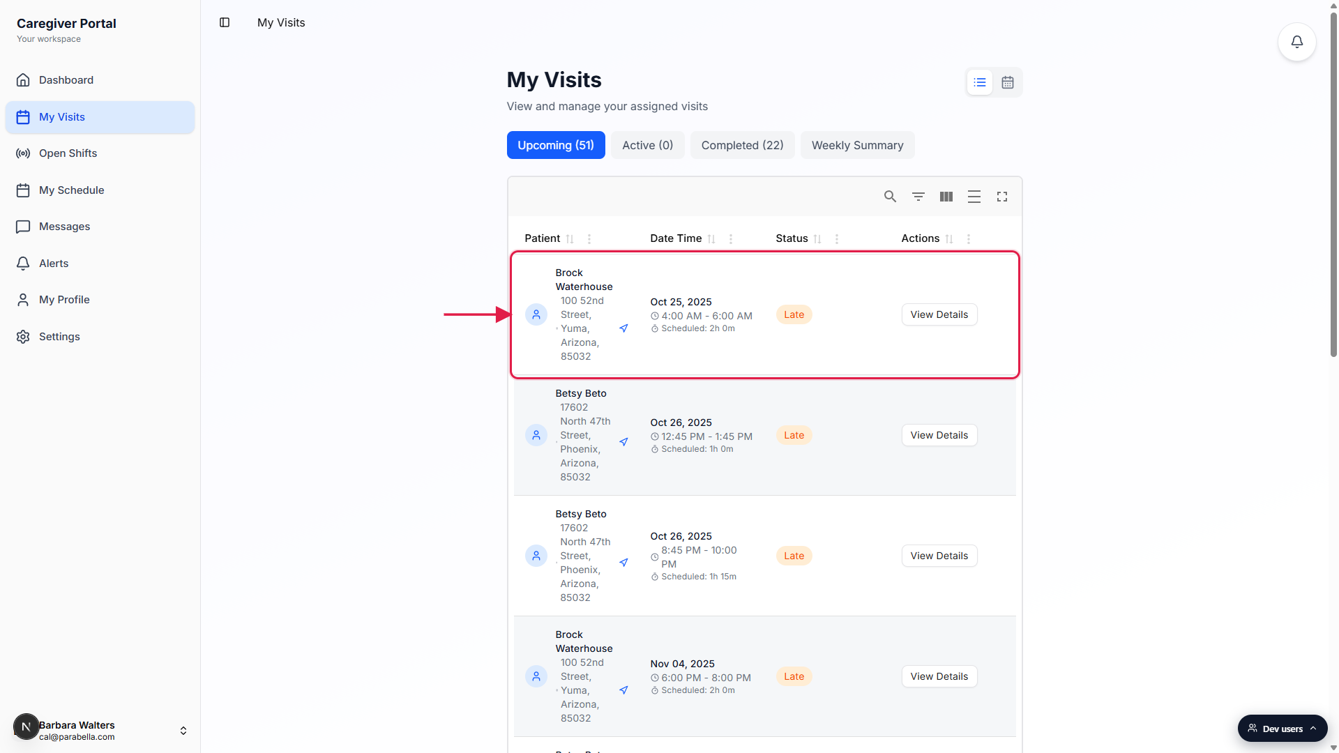 First Upcoming visit row called out with a red box, showing patient name, address, date and time, duration, status chip, and View Details action