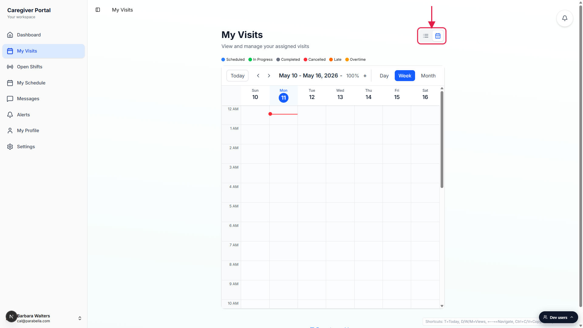 Calendar view of My Visits with the list and calendar toggle icons called out in a red box in the top right of the page header