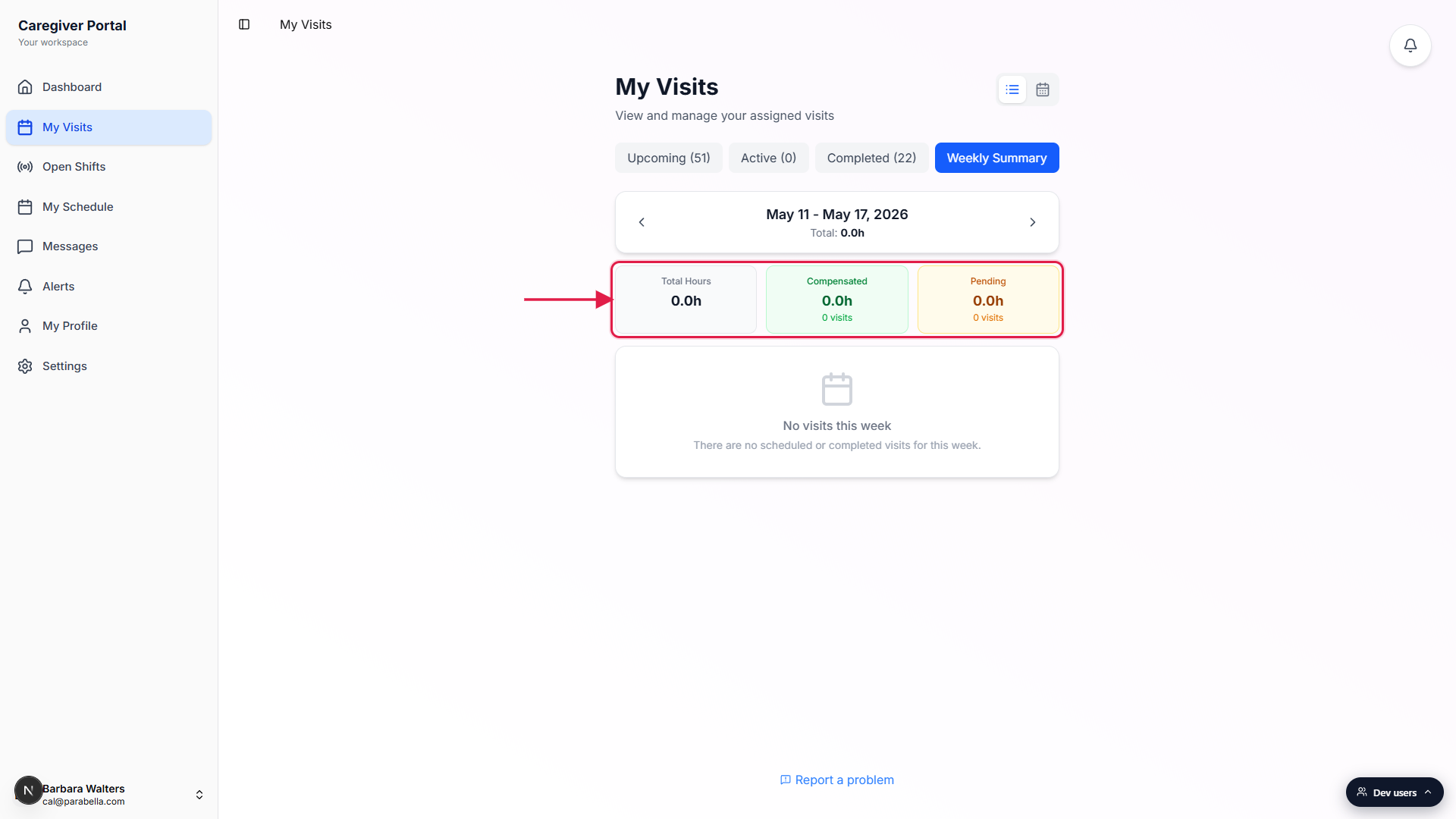 Weekly Summary tab with the Total Hours, Compensated, and Pending tile row called out in a red box