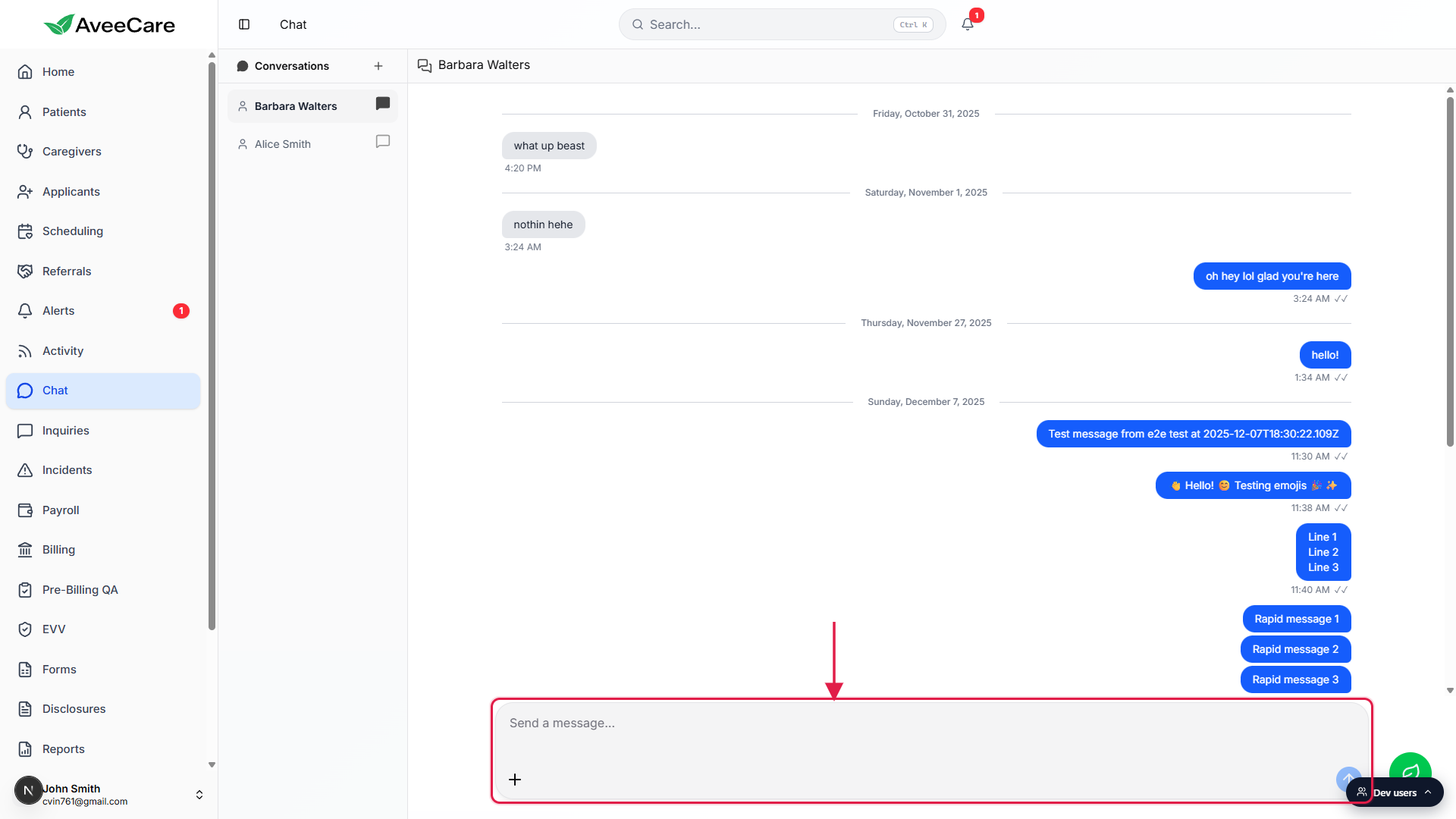 Chat page with a thread open and the rounded composer at the bottom called out with a red box and an arrow pointing down at it