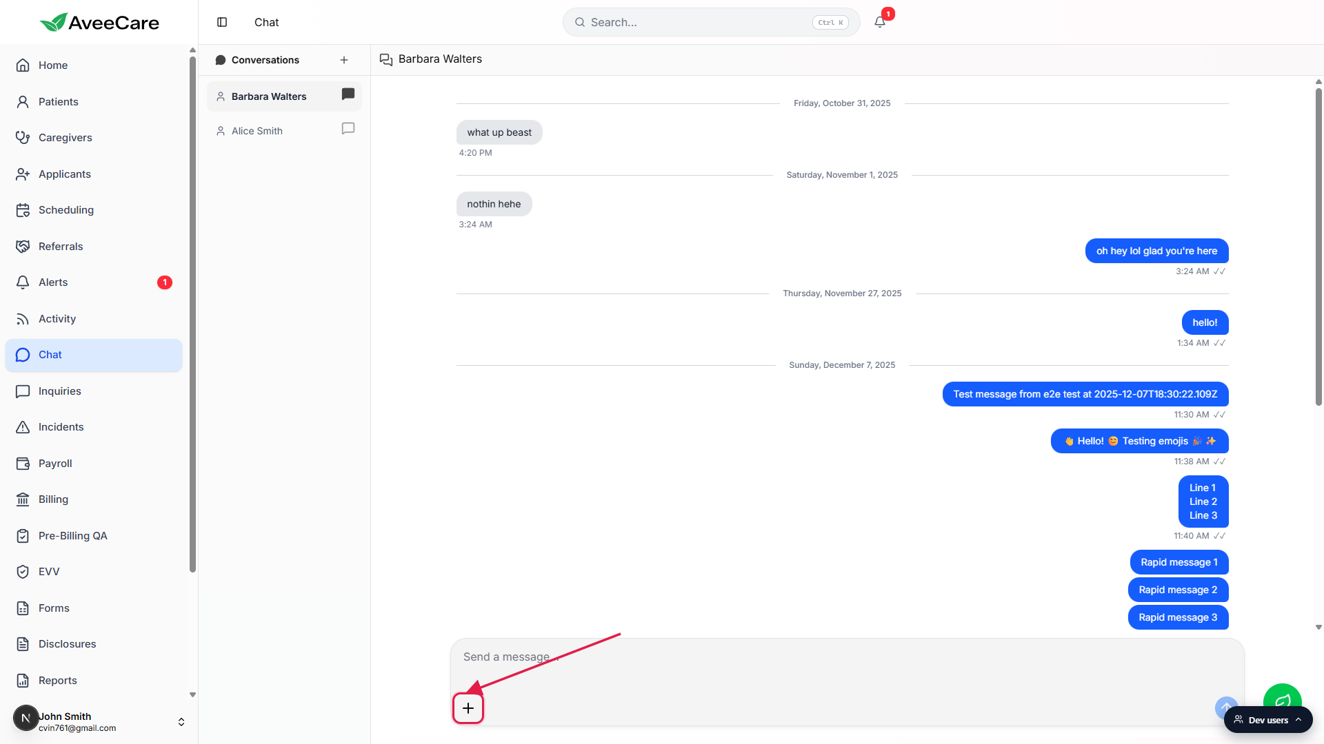 Composer footer with the plus-icon Add Attachment button on the left called out with a red box and arrow