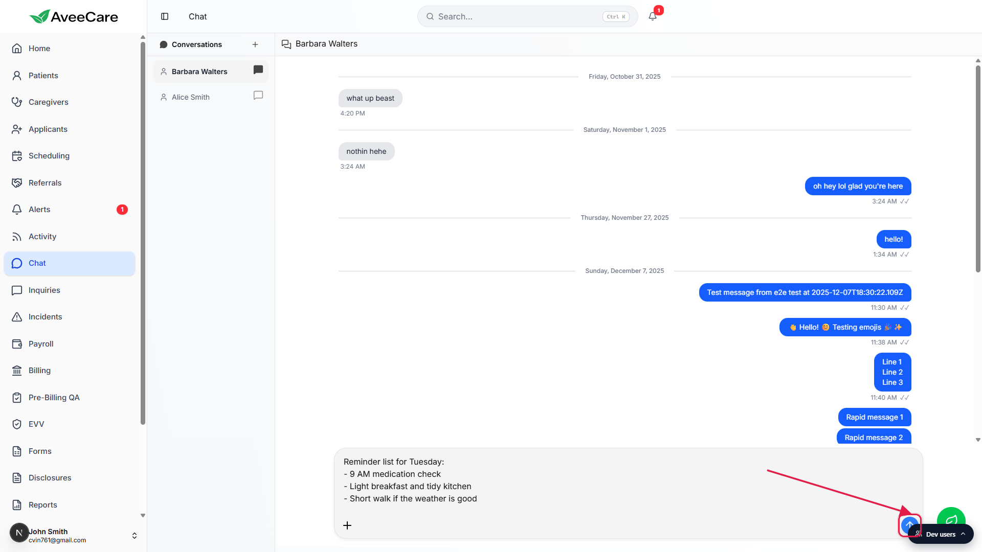 Composer expanded to four lines with a checklist message, send arrow on the right enabled and called out with a red box and arrow