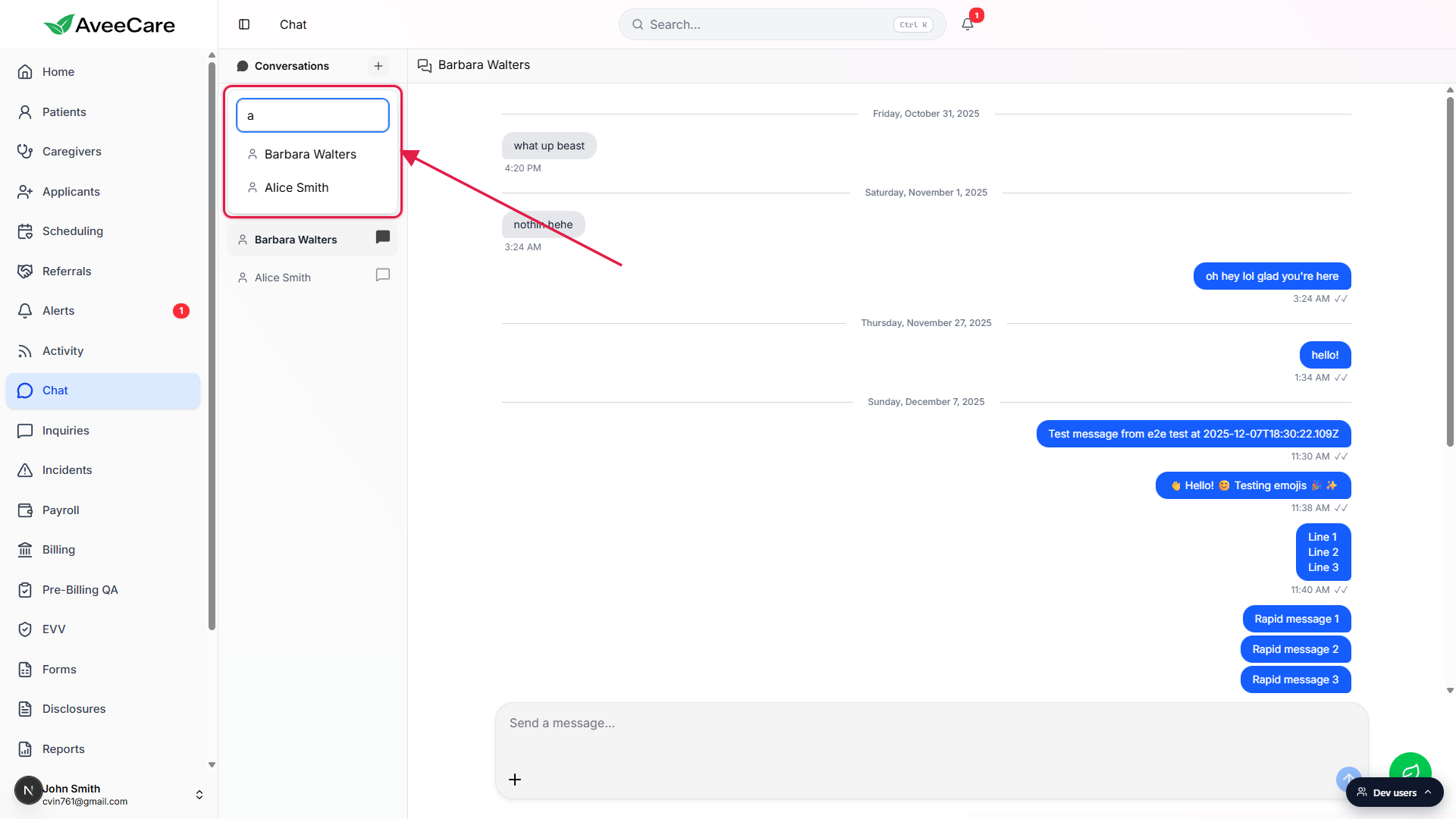 New Message dropdown open at the top of the Conversations sidebar with the Search users input filtering down to two matching users, highlighted with a red box