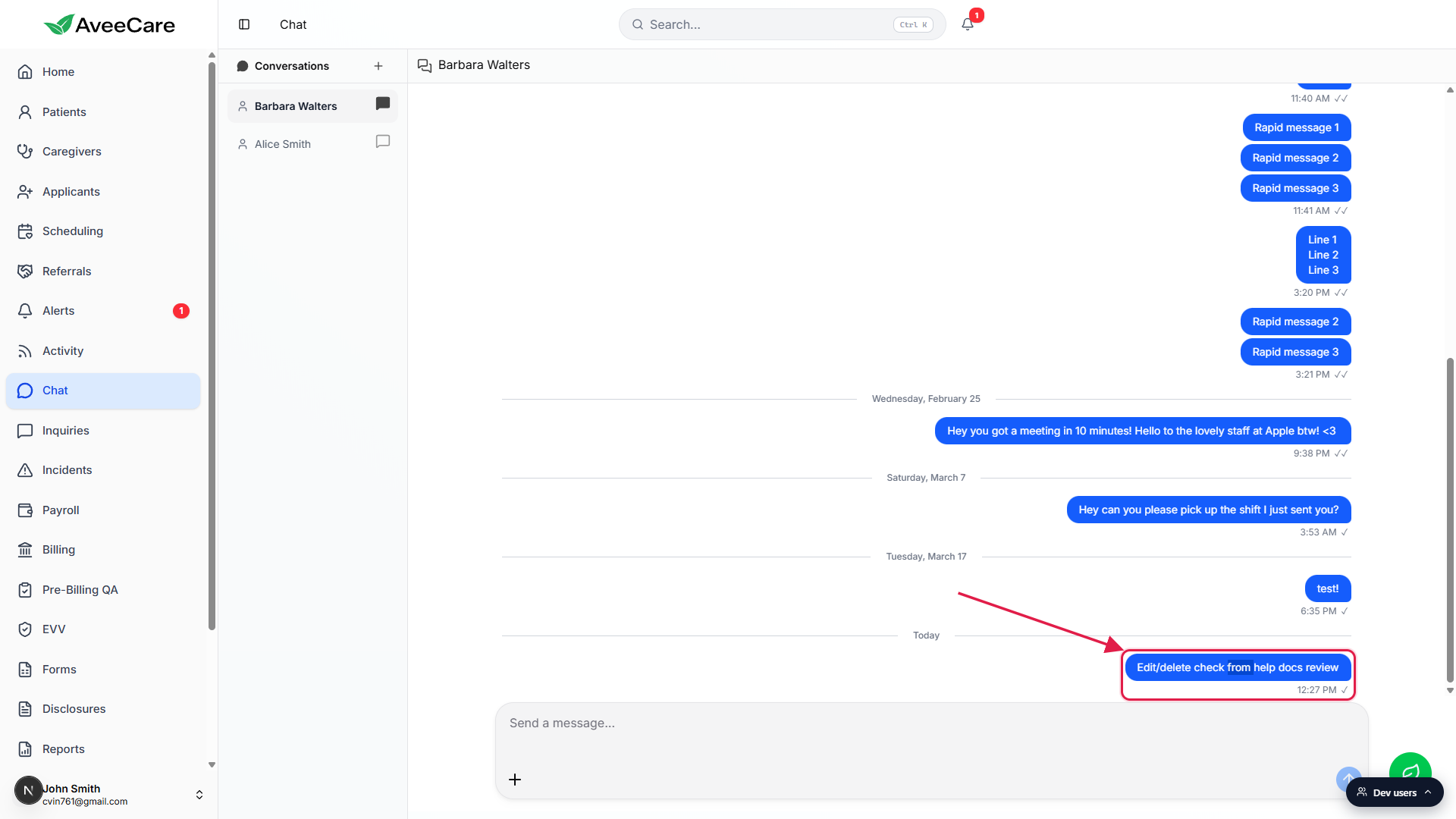 Chat thread with a fresh sent bubble (Edit/delete check from help docs review) at the bottom called out with a red box and arrow, showing only the message text, 12:27 PM timestamp, and a single checkmark with no action menu next to it