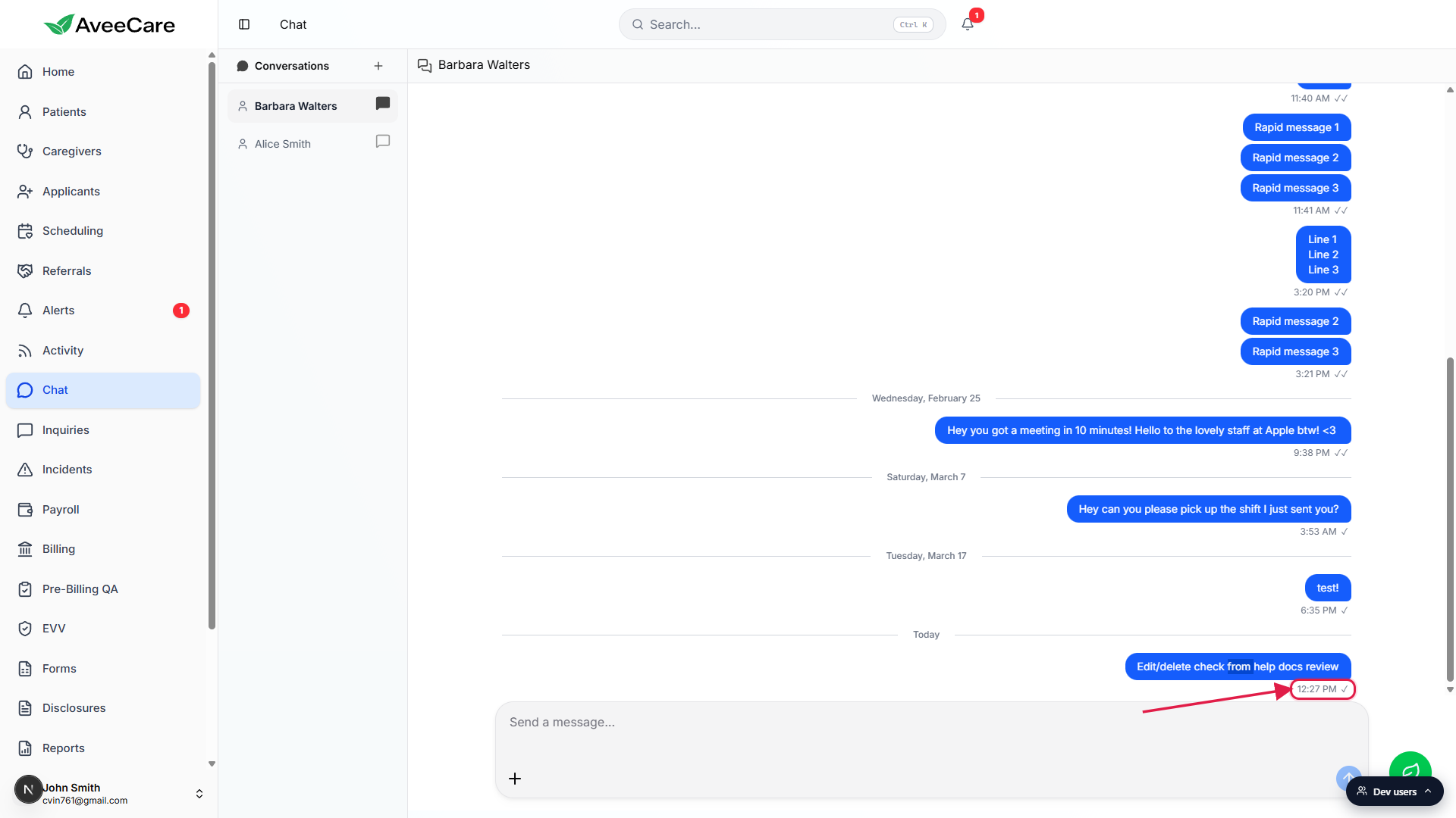 Recently sent bubble hovered, with the 12:27 PM timestamp and single checkmark row called out with a red box and arrow as the only metadata that appears on the bubble