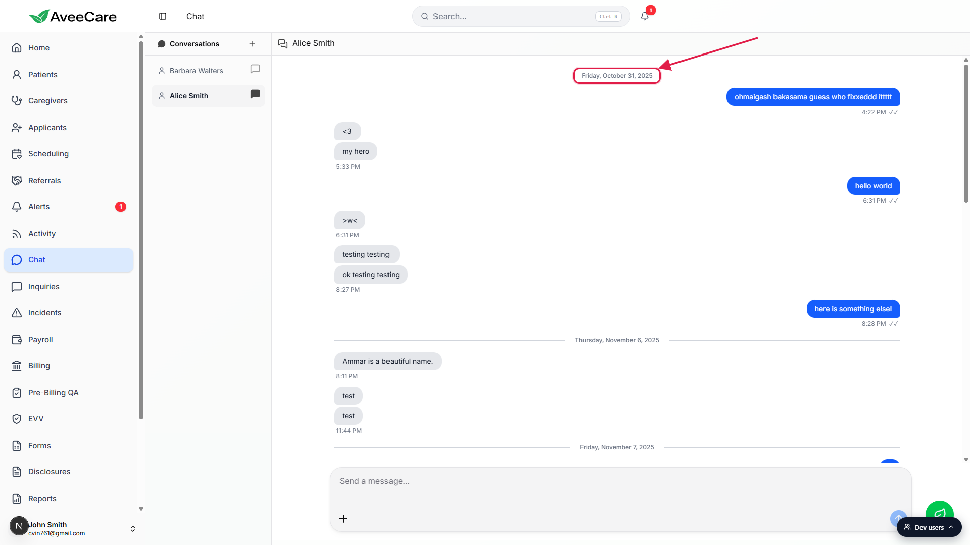 Open chat thread with Alice Smith showing a date divider (Friday, October 31, 2025) called out with a red box, sent blue bubbles on the right, received gray bubbles on the left, and a composer at the bottom