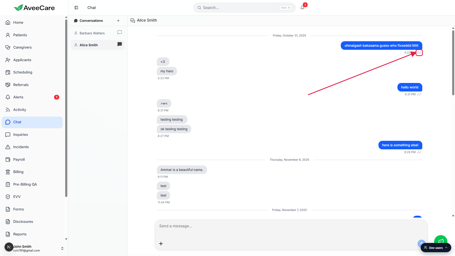 Sent blue bubble with a double check mark called out with a red box next to the 4:22 PM timestamp, marking the message as seen by the recipient