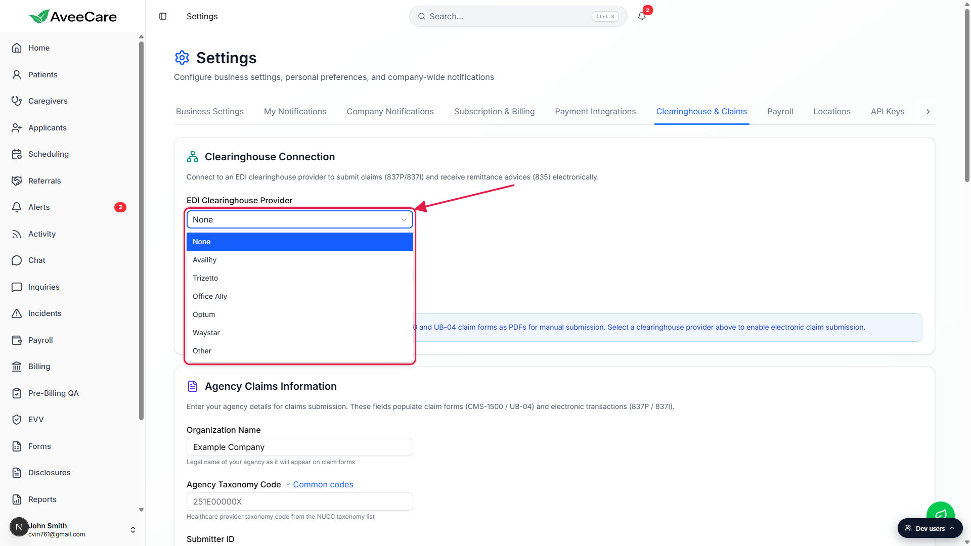 EDI Clearinghouse Provider dropdown open in the Clearinghouse Connection card, listing None, Availity, Trizetto, Office Ally, Optum, Waystar, and Other. The combobox and listbox are highlighted with a red box.
