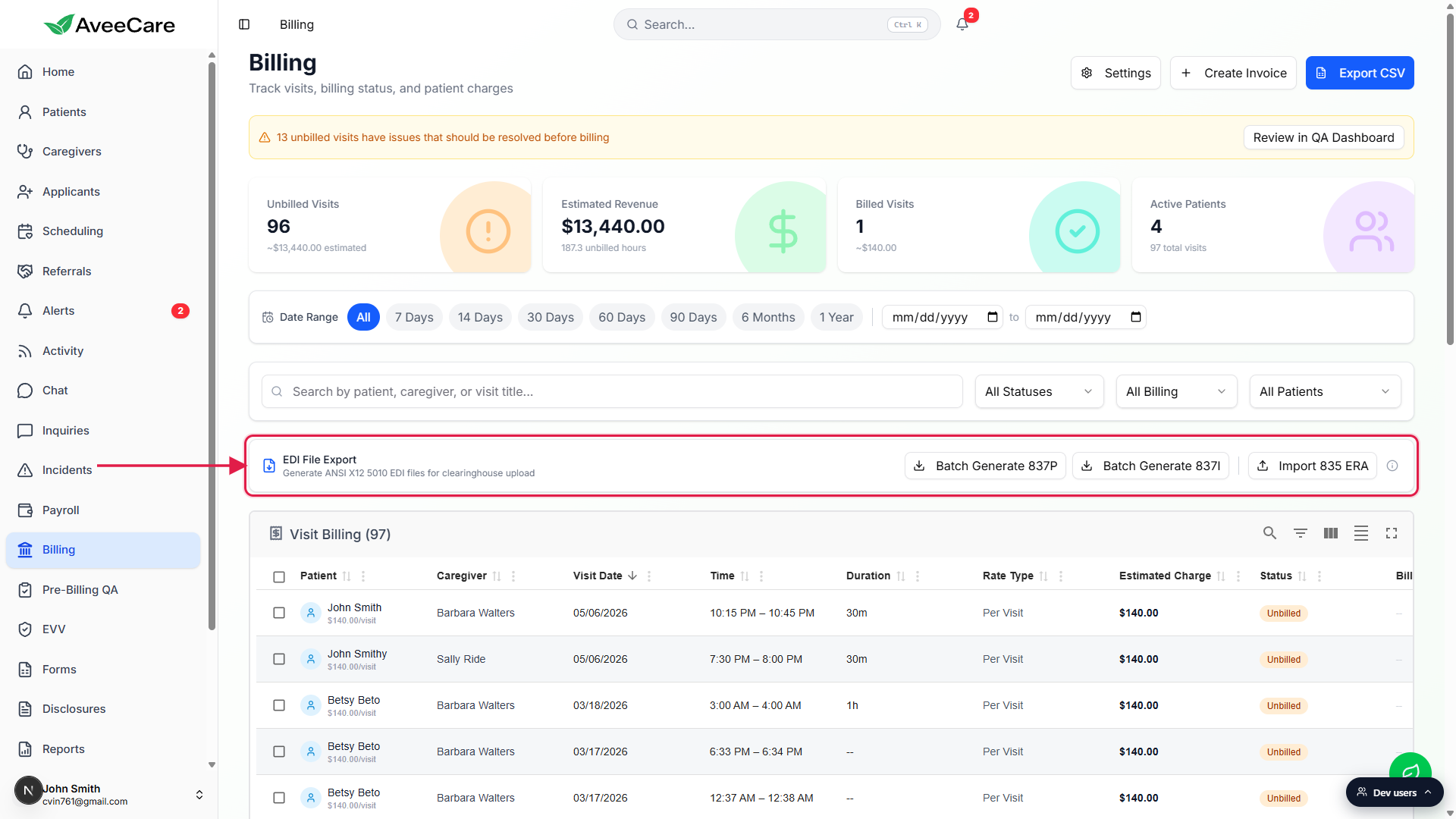 Billing page with the EDI File Export card highlighted in a red box. The card shows Batch Generate 837P, Batch Generate 837I, and Import 835 ERA buttons but no Submit to Clearinghouse buttons because the tenant is not connected.