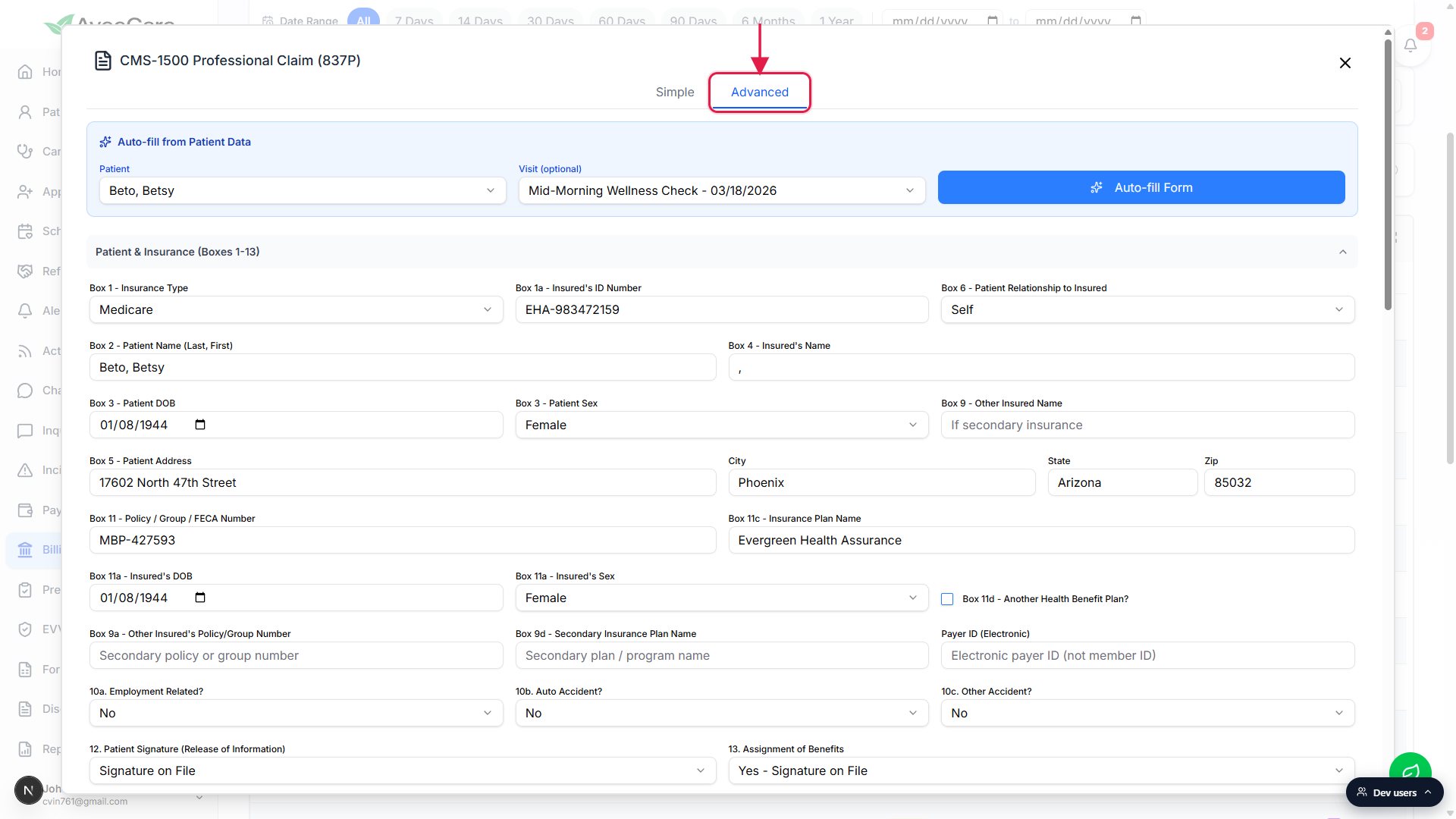 CMS-1500 Professional Claim (837P) modal open on the Advanced tab, with the Advanced tab called out in a red box. The Auto-fill from Patient Data card is visible with Patient Beto, Betsy selected and a Visit dropdown set to Mid-Morning Wellness Check. Below that, the Patient and Insurance section is expanded showing Box 1 Insurance Type Medicare, Box 1a Insured ID EHA-983472159, Box 6 Self, Box 2 Patient Name Beto Betsy, Box 3 DOB 1944-01-08, Box 5 Patient Address 17602 North 47th Street Phoenix Arizona 85032, and Box 11 Policy Group MBP-427593 with Insurance Plan Name Evergreen Health Assurance.