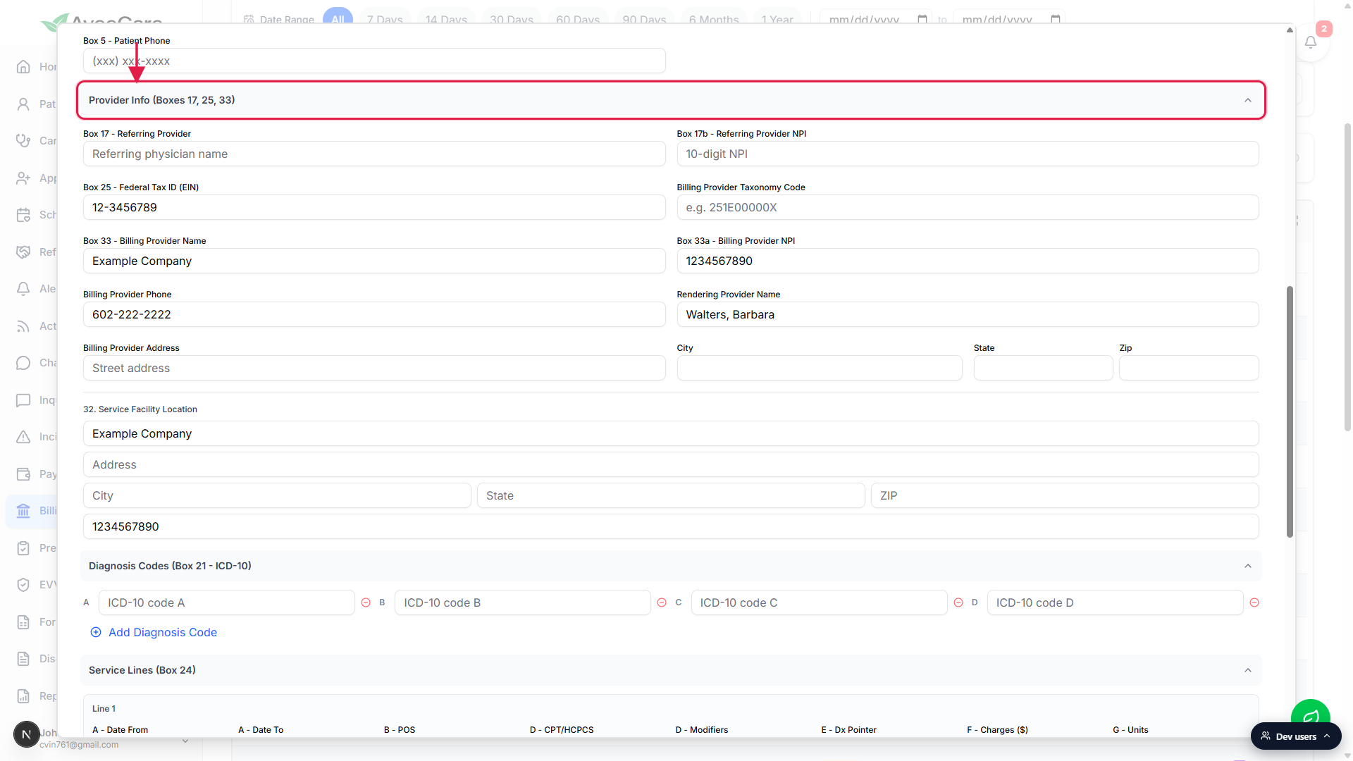 Advanced form Provider Info section called out in a red box, showing Box 17 Referring Provider, Box 17b Referring NPI (10-digit), Box 25 Federal Tax ID 12-3456789, Billing Provider Taxonomy Code, Box 33 Billing Provider Name Example Company, Box 33a Billing Provider NPI 1234567890, Billing Provider Phone 602-222-2222, Rendering Provider Name Walters Barbara, and Section 32 Service Facility Location with Name Example Company plus an NPI line. Below the section are Diagnosis Codes (Box 21 ICD-10) with four code slots and Service Lines (Box 24) starting Line 1 with A Date From, A Date To, B POS, D CPT/HCPCS, D Modifiers, E Dx Pointer, F Charges, G Units.