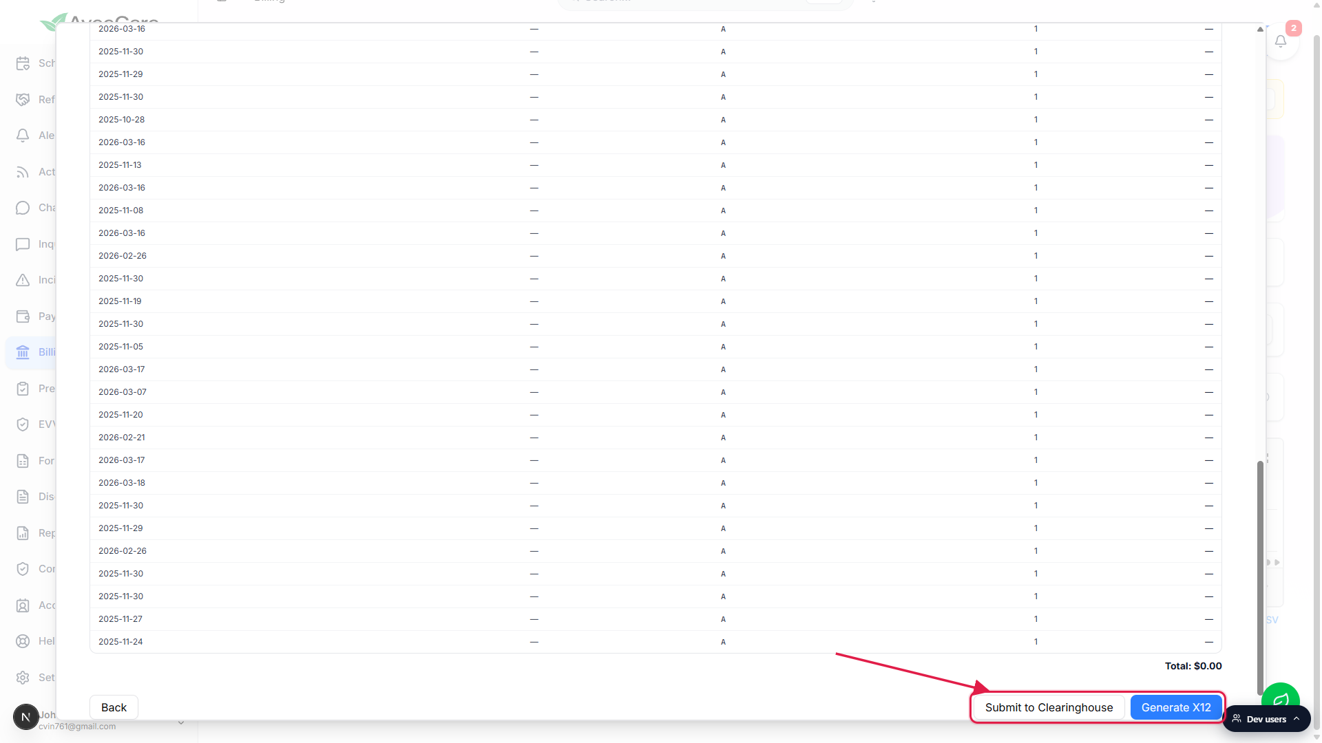 CMS-1500 Simple wizard Review step scrolled to the bottom, with the Submit to Clearinghouse and Generate X12 action buttons called out in a red box. Back button on the left, Total $0.00 above the action row.