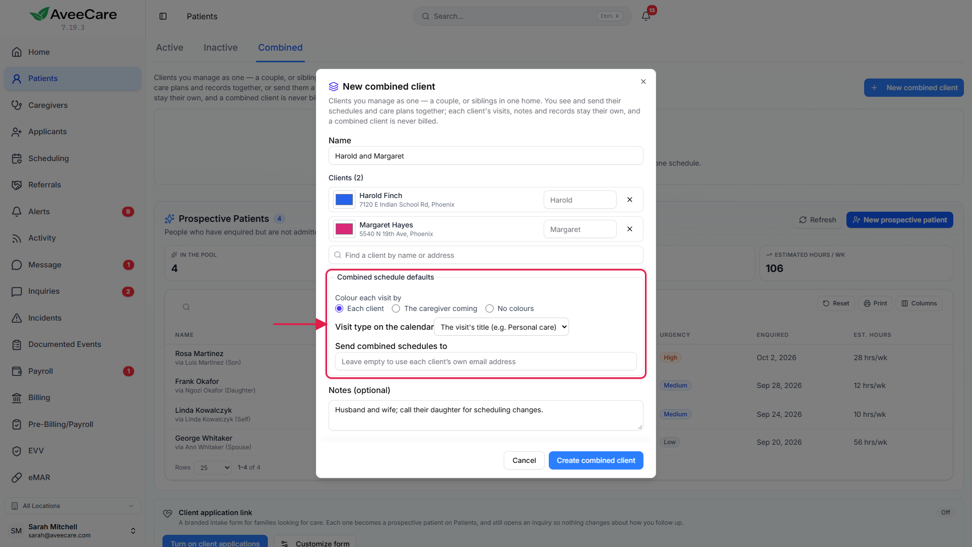 The New combined client window with two clients added and the combined schedule defaults