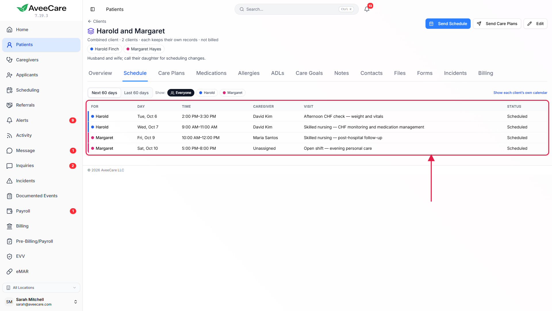 A combined client’s Schedule tab with visits coloured for each of two clients