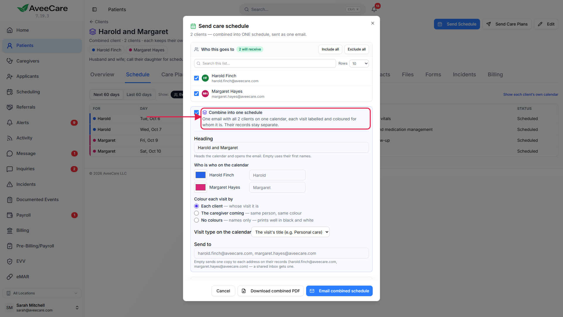 The Send Schedule window for a combined client, with Combine into one schedule ticked and each client’s name and colour for the shared calendar
