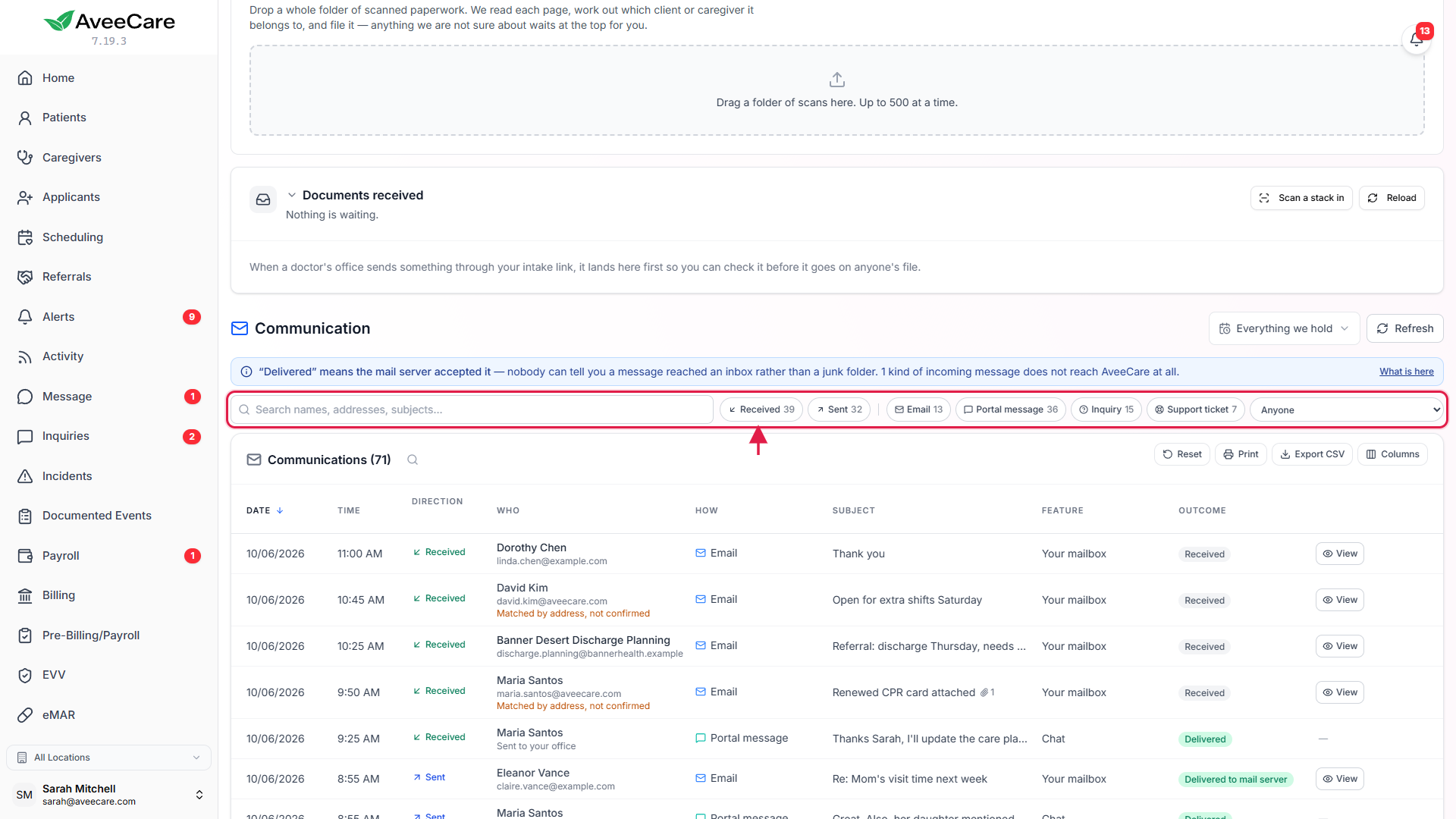 The Communication page listing sent and received emails with the search box and date filter called out