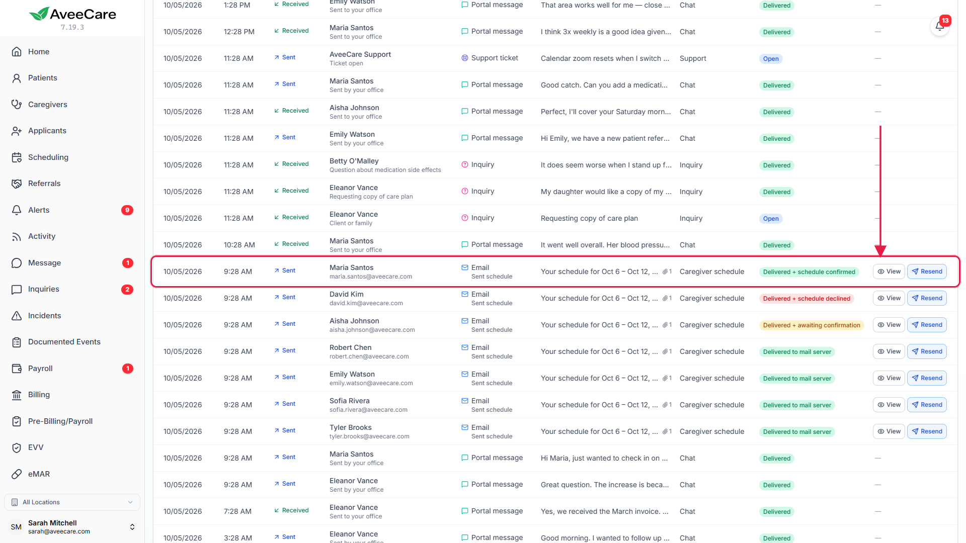 The How and Outcome columns showing Sent schedule and Delivered plus schedule confirmed