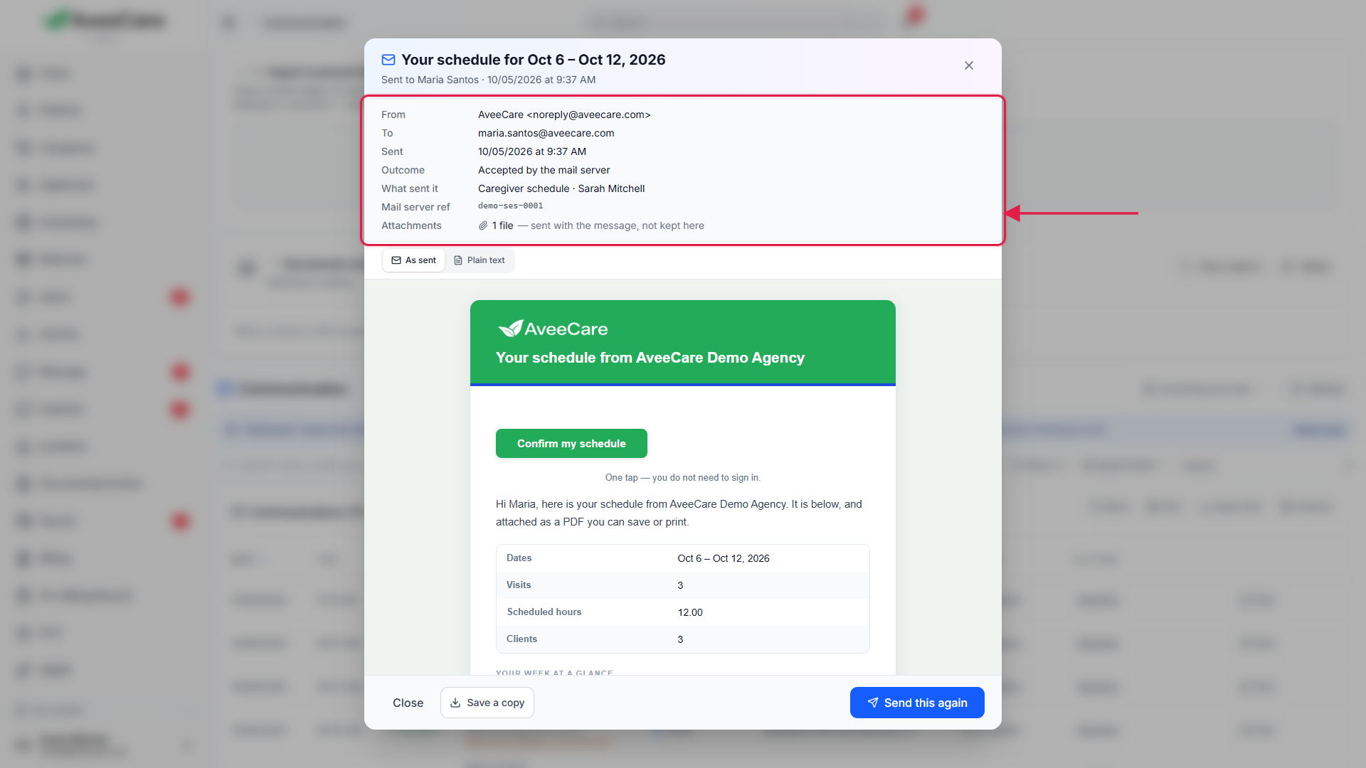 A sent schedule email opened from the Communication page, showing the message as received with its mail server reference