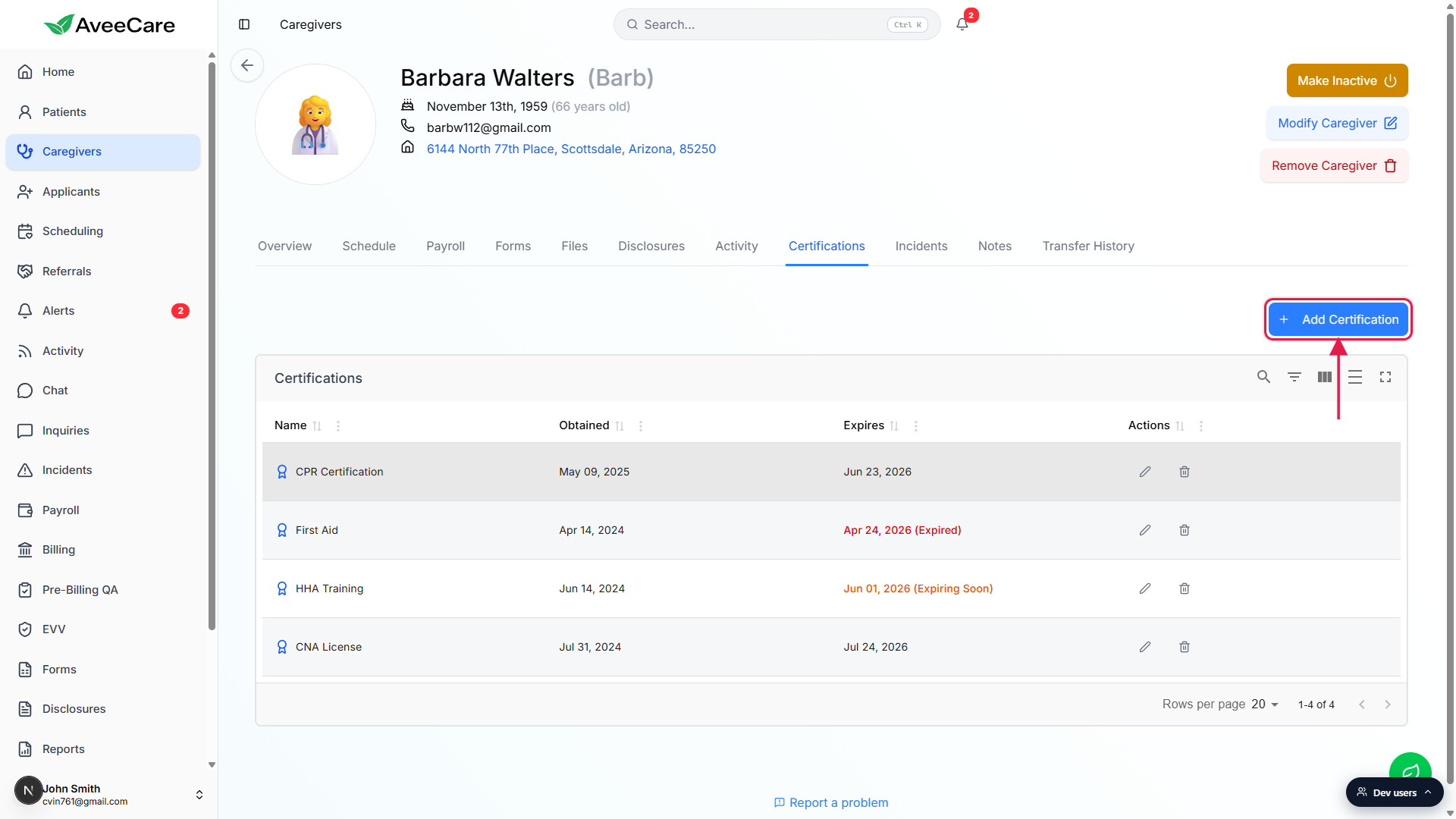 Certifications tab on the Barbara Walters caregiver detail with the Add Certification button called out with a red box and an arrow pointing up to it
