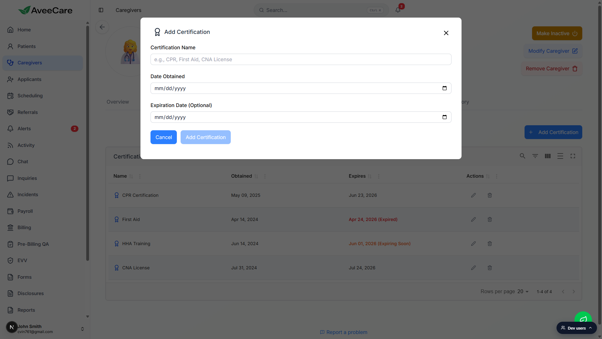Add Certification modal with fields for Certification Name, Date Obtained, and Expiration Date (Optional), plus Cancel and Add Certification buttons