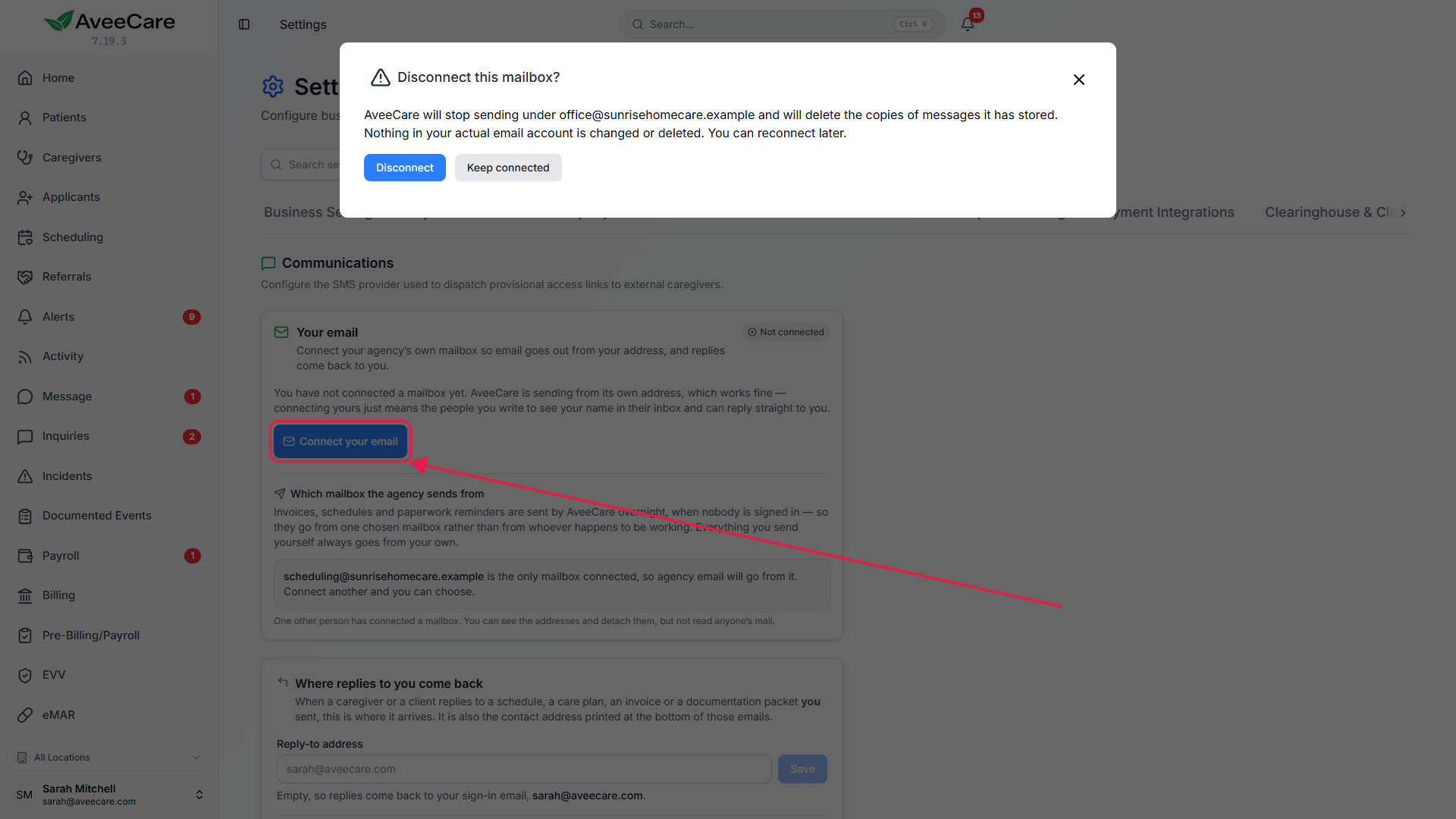 The Your email card on the Communications tab of Settings with the Connect your email button called out